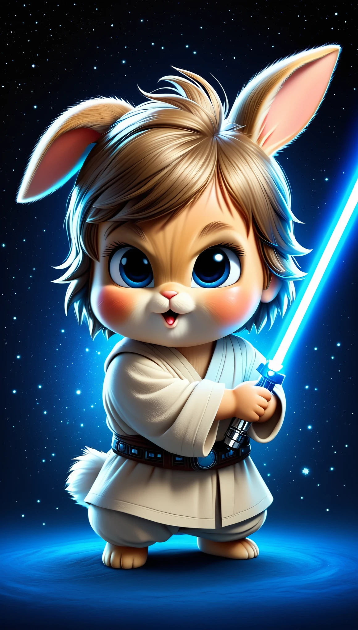 illustration of a cartoon baby bunny, Lindo conejito animal adorable disfrazado del Jedi Luke Skywalker con sable de luz azul (mejor calidad,high resolution:1.2), Colores vibrantes y tonos azules y beige, soft lighting for baby shower invitation with stars background
