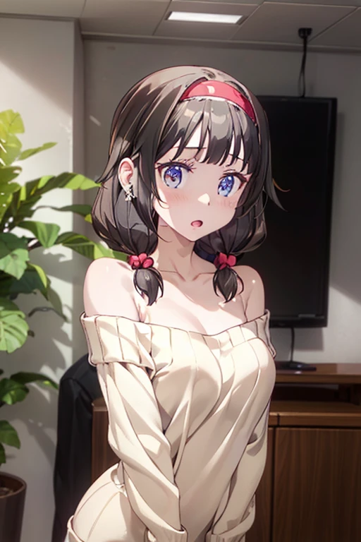 masterpiece, yor, 1girl, solo, looking at viewer, open mouth, black hair, red eyes, dress, bare shoulders, jewelry, collarbone, sidelocks, hairband, earrings, indoors, off shoulder, :o, sweater, arms behind back, plant, short hair with long locks, white hairband, off-shoulder dress, sweater dress, off-shoulder sweater, red sweater, big side hair, very long side hair,is rendered in (masterpiece: 1.2, best quality), with (ultra high resolution) and an exquisite (depth of field). This masterpiece is not only visually stunning but also tells

