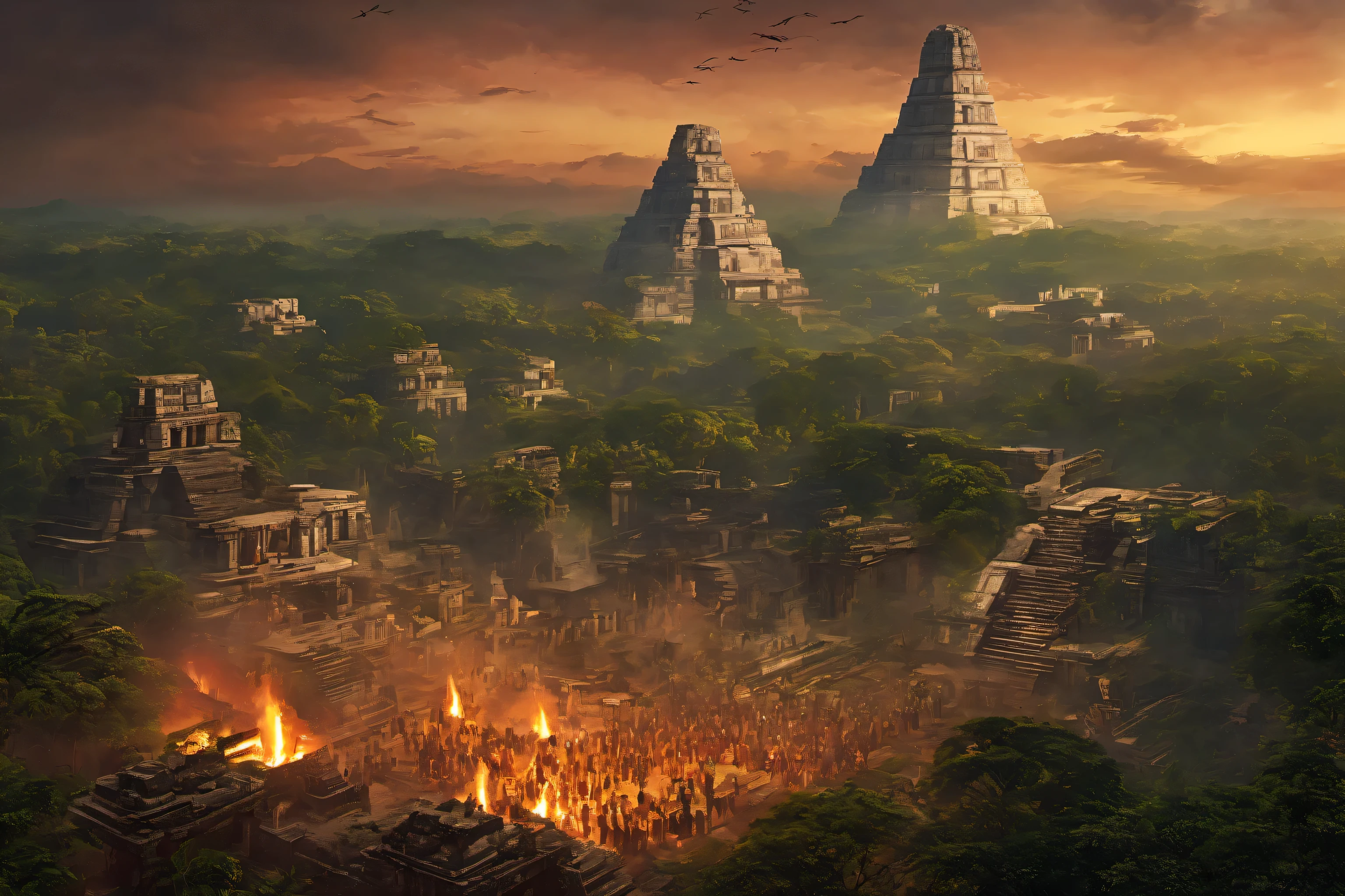 (masterpiece, best quality:1.2) Maya civilization ritual to celebrate the end of the world: Immerse yourself in a scene of unparalleled photorealism and detail as you witness a Mayan ritual to commemorate the end of an era. Picture a sprawling Mayan cityscape, meticulously recreated with the highest resolution and fidelity, as the sun sets in a fiery blaze on the horizon. God rays pierce through the ominous clouds, casting ethereal beams of light that illuminate the ancient architecture and the gathered crowd below. As the scene unfolds, backlighting highlights the silhouette of the towering pyramid at the center of the plaza, creating a dramatic contrast between light and shadow. Bloom effect enhances the intensity of the torch flames, lending an otherworldly glow to the ritual proceedings. Chiaroscuro techniques deepen the shadows and accentuate the contours of the priests' ceremonial attire, adding to the sense of drama and mystique. In the distance, the cityscape fades into a soft depth of field, drawing the viewer's focus to the central pyramid and the rituals taking place atop it. Ray tracing technology further enhances the realism of the scene, allowing for accurate light interactions and reflections that bring every surface to life with unparalleled detail. As the Mayan ritual reaches its climax, the immersive combination of god rays, backlighting, bloom, chiaroscuro, depth of field, and ray tracing transports you to a moment of profound significance in ancient Maya civilization, where the boundaries between reality and legend blur in a mesmerizing display of visual storytelling, cinematic lighting, multiple views, Wide-Angle, Ultra-Wide Angle, 135mm, f/1.8, Canon, UHD, retina, masterpiece, super detail, award winning, best quality, 8K