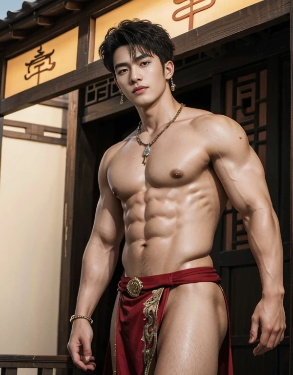 handsome boy tibetan , naked, smiling, catching eyes , Chinese Men God, Mythology, realistic, Chinese odyssy, super Handsome,manly,  kpop idol, handsome korean actor, 20 years old,, detailed face, manly jawline, manly chin, detailed mess curly styling hair,  Topless, Muscles, big chest Athlete body, Full Frame,full body shoots, Sexy, realistic, human skin, tattoo breast, Professional studio Lighting, long red tibetan Outfit, jade and golden pendent all over , detailed jewery in dress, earings,Chinese ancient tibetan temple Background,out door, super detailed background,look at camera ,  open mouth,  sexy loincloth Underwear, super big dick holding Underneat h, tibetan Warrior, Hanfu  red wedding dress,  tibetan Male, tibet Nobel, Seduce , bare chest , tattoo chest, tattoo arms, tattoo hands, tattoo back, tattoo legs , detailed  buddism tattoos, big juicy butts, bare butts