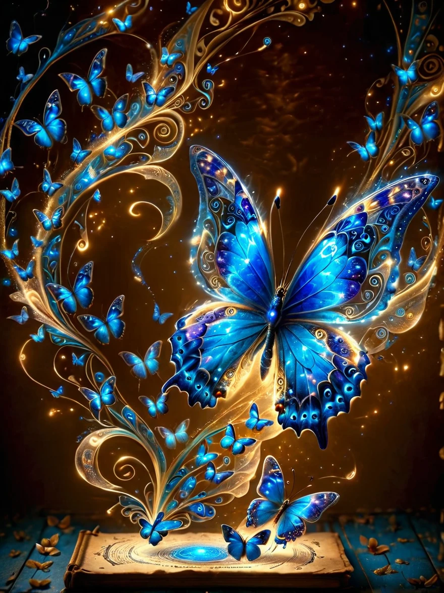 Made by ais-rcn，8k photo，letter，Like a blue butterfly，Dancing from the pen，Transforming ideas into exquisite works of art，Supple，Side Light