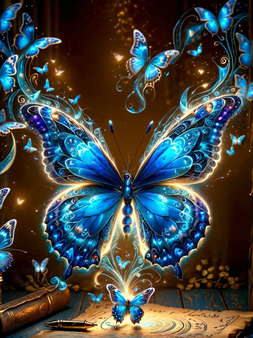 Made by ais-rcn，8k photo，letter，Like a blue butterfly，Dancing from the pen，Transforming ideas into exquisite works of art，Supple，Side Light