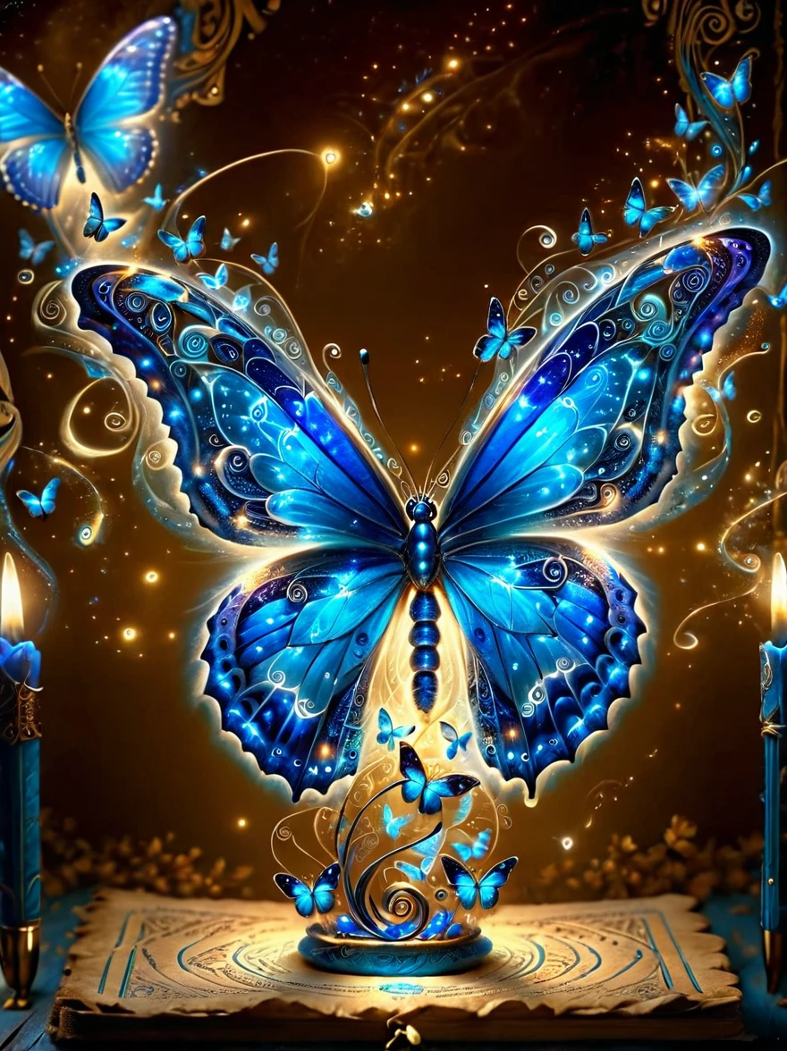 Made by ais-rcn，8k photo，letter，Like a blue butterfly，Dancing from the pen，Transforming ideas into exquisite works of art，Supple，Side Light