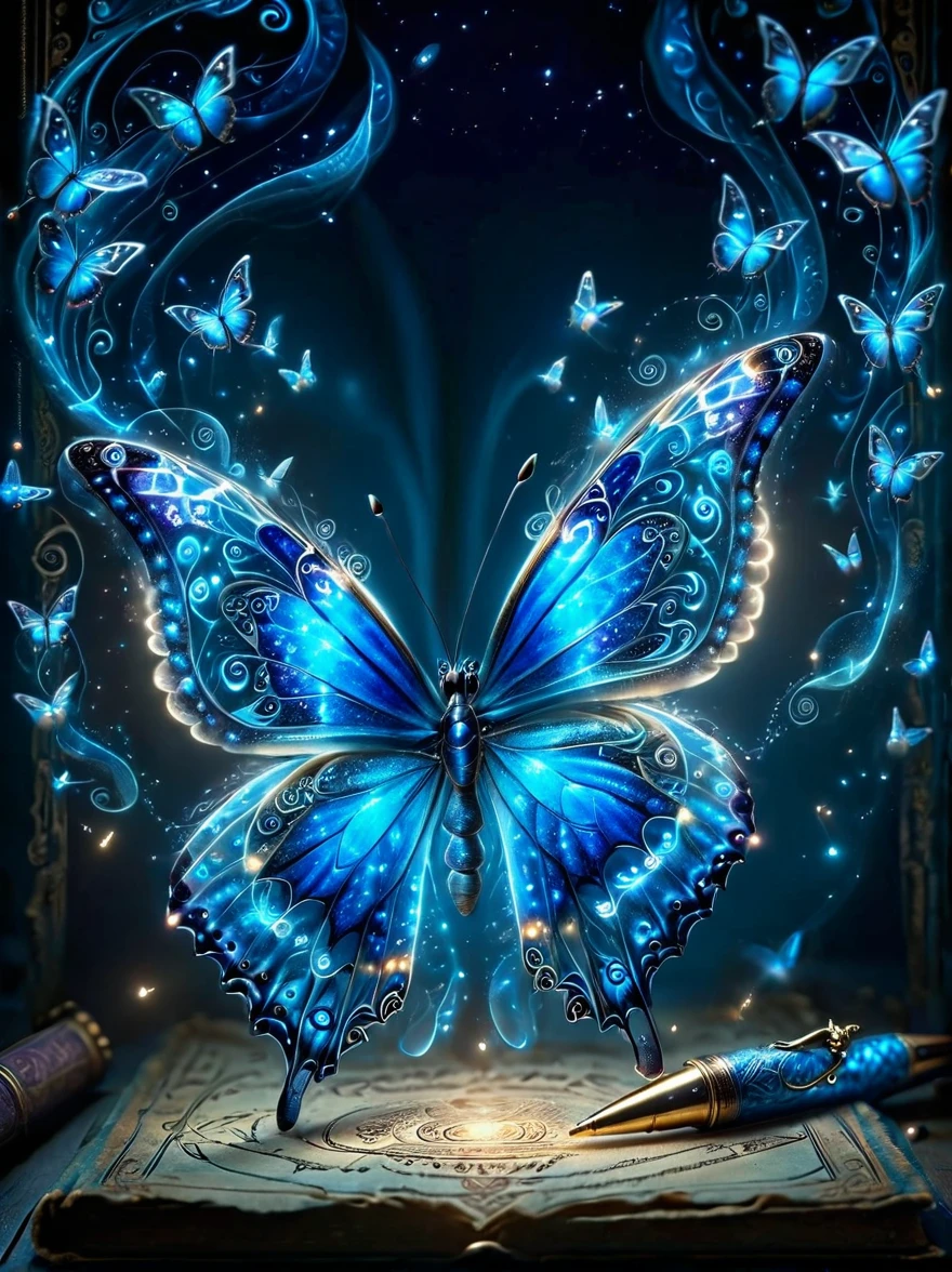 Made by ais-rcn，8k photo，letter，Like a blue butterfly，Dancing from the pen，Transforming ideas into exquisite works of art，Supple，Side Light