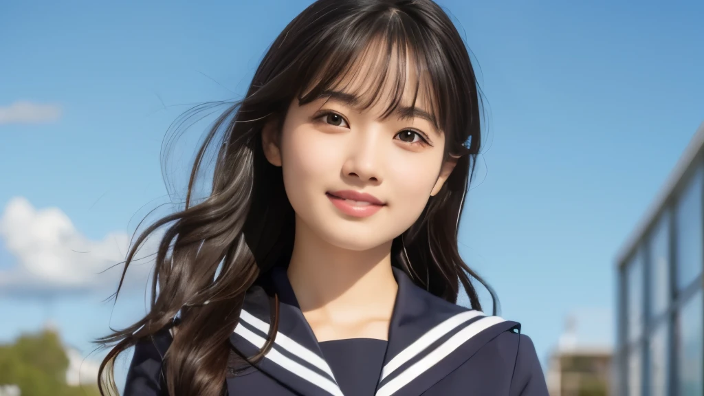 (Realistic: 1.4), (highest quality: 1.4), (Fine grain), Full body shot, ((Under the blue sky)), ((Looking Up)), ((One high school girl)), Black wavy hair, ((Sailor suit)), Wide eyes, Blushed face, ((smile)), Highly detailed face and skin texture, Healthy Skin, 8k resolution