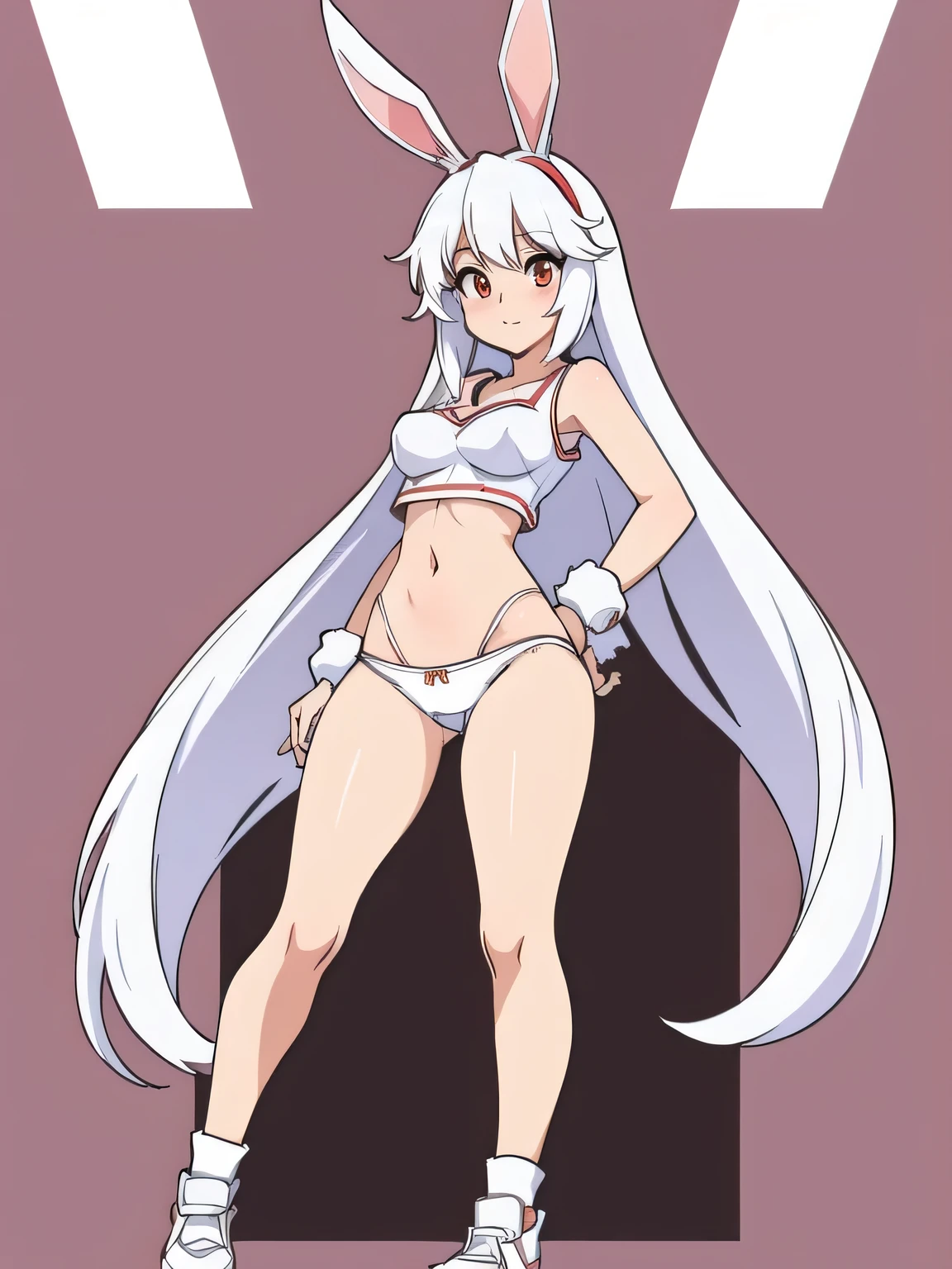 anime girl mit Hasenohren and a white top, Lola-Bunny-Fanart, OC-Kommission, Bunny Girl, casual pose, dick, mit Hasenohren, Im Anime-Stil, Order for high resolution, Charakter im Anime-Stil, ein Tanktop tragen, mit langen Schlappohren, fullbody commission for, Im Anime-Stil, sweet character, with large rabbit ears, bra visible, (((white panties))), red pupils, white hair, tanned skin