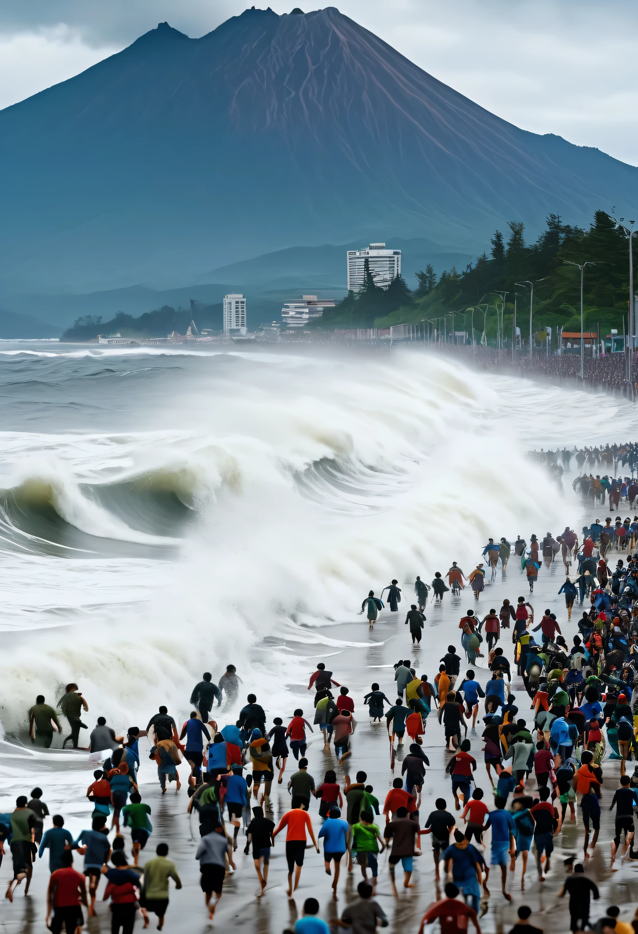 Photo of a realistic view of a crowd of people running towards the mountains to save themselves from being chased by a large tsunami wave which produces clear, high quality ultra HD photos