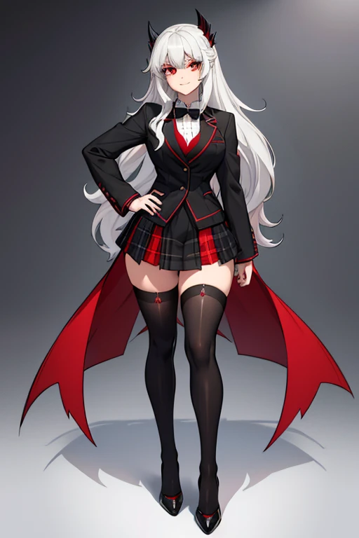 female, silver long hair with black highlights, red eyes, (((1girl))), (((red high school blazer with black trim))), (white shirt), (black tie), (black plaid skirt), (white thigh high socks), (black dress shoes), cute and sexy, full body, large breasts, large butt, long legs, smiling