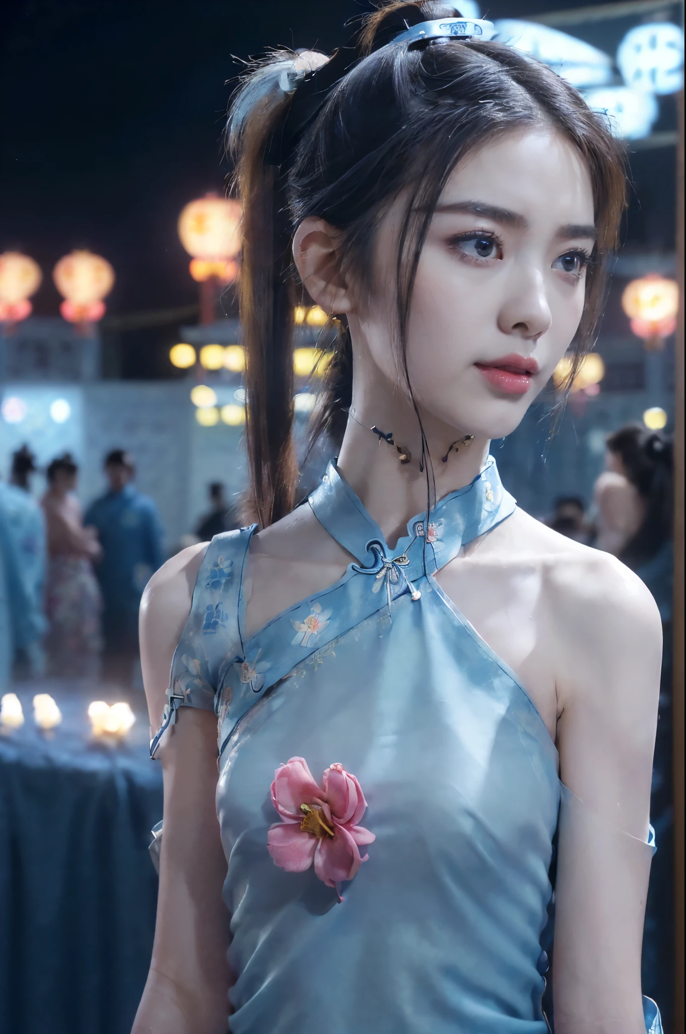  ((((8k))),((Extremely meticulous CG)) ,(wallpaper),16k,((Extremely refined and beautiful)),(((Masterpiece))),(((best qualtiy))),(((Ultra High Resolution))),realistic shaded,(Smooth and flawless fair skin:1.5),(pale skin:1.3),(Extremely exquisite facial details:1.2),(perfect body:1.2),(ultra-detailed:1.3),((A beautiful girl,solo)),(small head:1.2),(short ponytail:1.5),(small face:1.2),(Exquisite makeup:1.2),(small breasts:1.2),(flat chests:1.2),(slim,thin),(happy:1.2),(laughing:1.2),(collar:1.2),(maxi gorgeous one-shoulder floral blue cheongsam:1.5),(night scene:1.5),(outdoor:1.2),(In the courtyard of Buddhist temple:1.3),(Night Market:1.5),(neon lights:1.3),(detailed background:1.5),(standing:1.3),(close-up of upper body:1.3),(from back:1.3),(surrounded by crowded crowds:1.5),(spring:1.2),