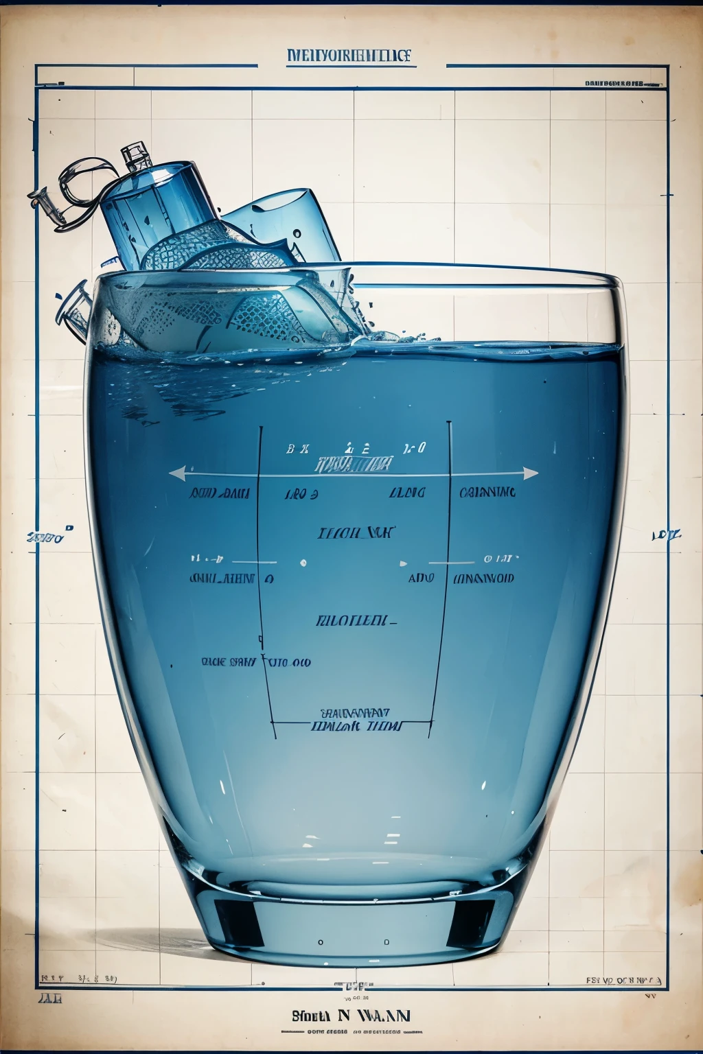 Highly detailed technical drawing of a glass full of blue water The illustrations should include a side view, cross-sections, and exploded views to show both the exterior and interior components and organs . Labeled parts with annotations specifying materials, dimensions, and other engineering and anatomic specifications. Style vintage engineering blueprint, and educational intent