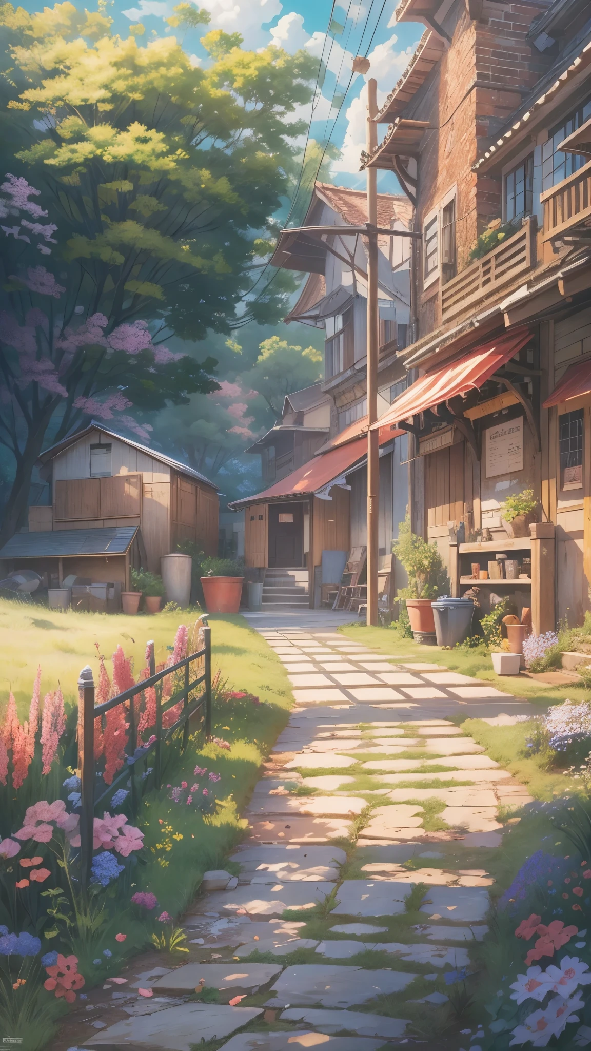 Anime Style,highest quality, masterpiece,Field, Rural Scenery, Fantasy, Brick,Great background, Classic