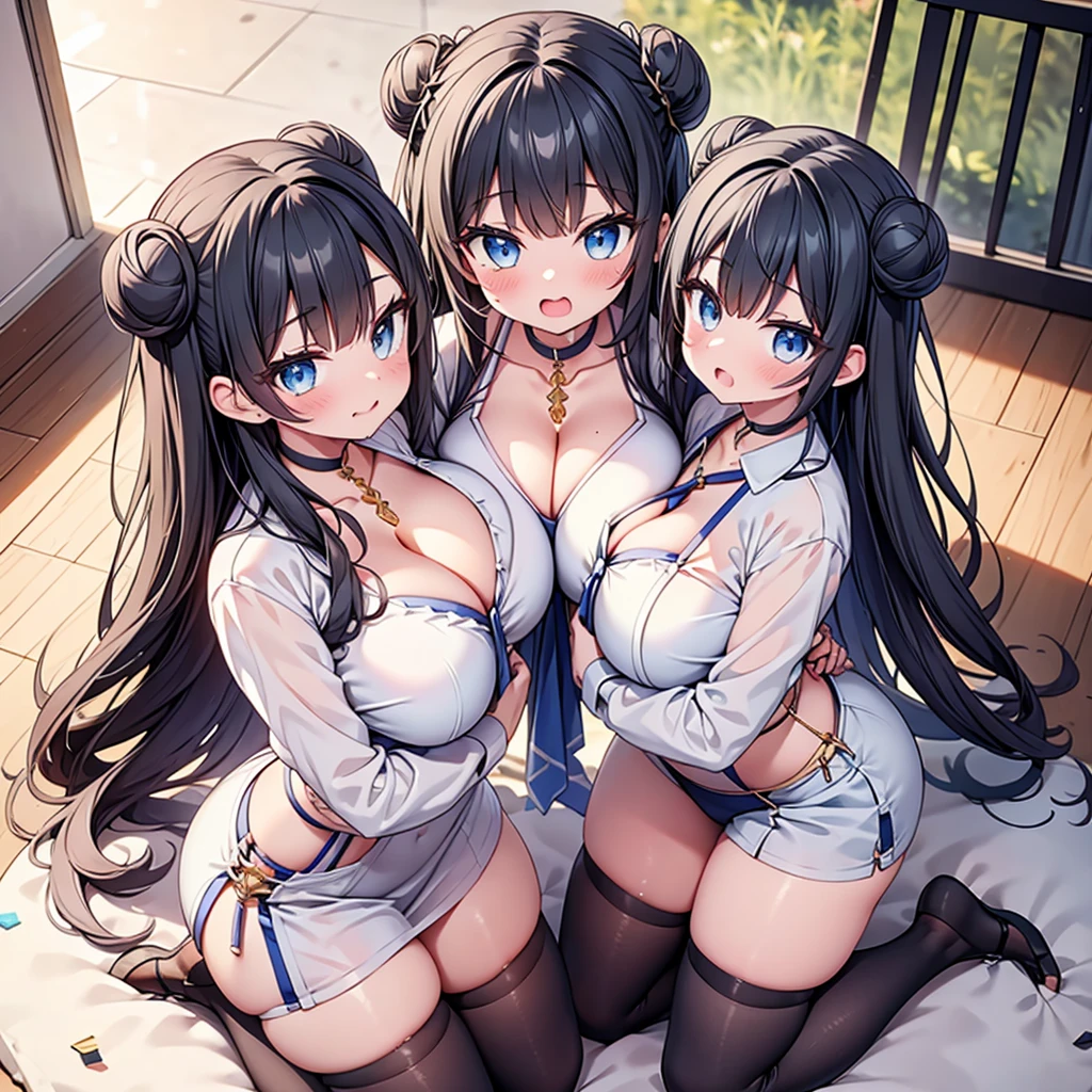 highest quality,wonderful,finely,extremely detailed CG Unity 8K wallpaper, (Stand in line:1.2), (3 girls, cute eyes, Black Hair, Blue Eyes, double bun, clothed), (sparkling eyes:1.2), (huge breasts:1.2), (wariza:1.4), (cleavage), (open mouth:1.1), (long tongue:1.1), (mouth drool:1.1), (black stockings:1.1),(Thighs:1.2),(Waistline:1.1),(Waistline), (From above:1.4)