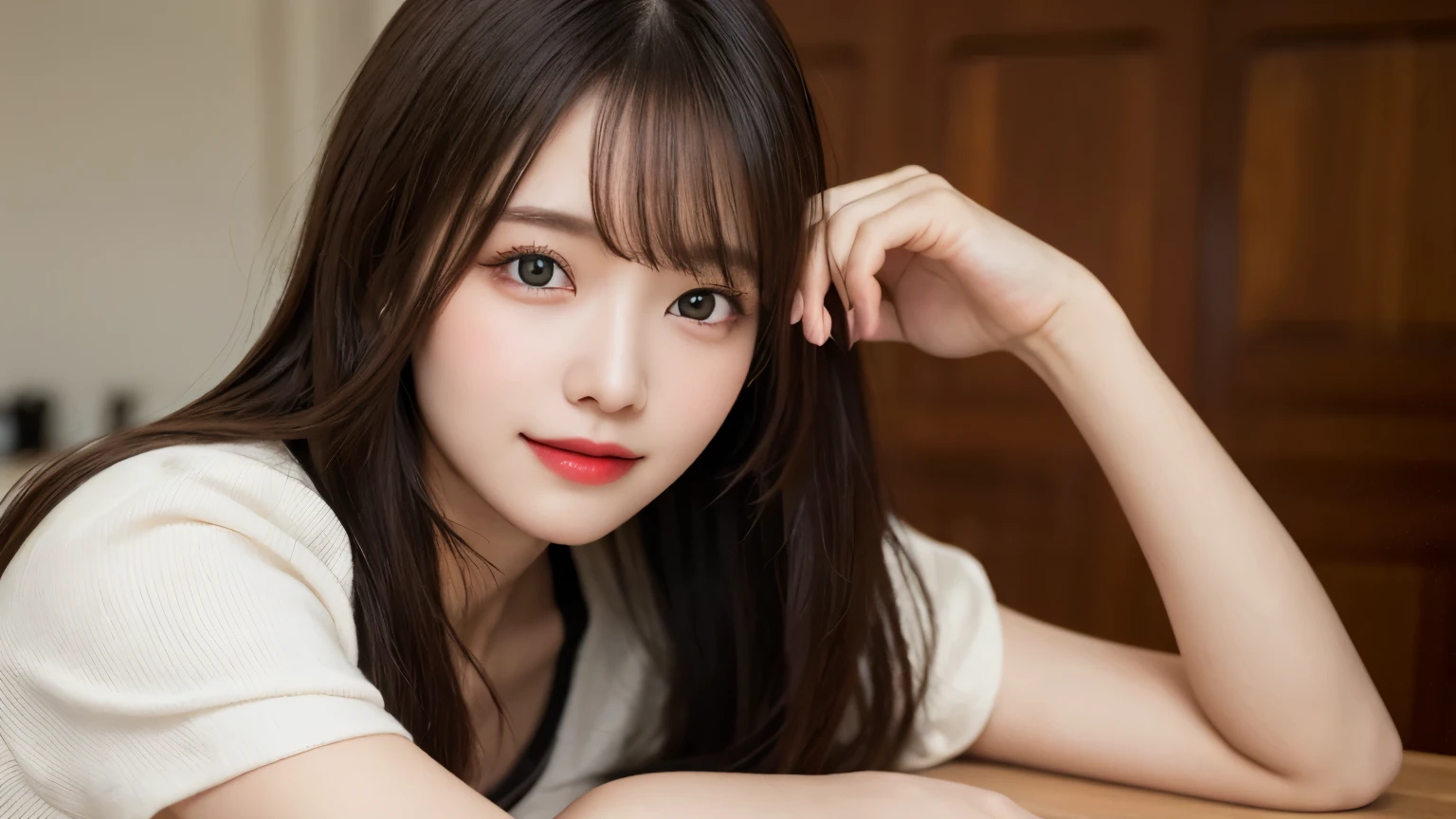 on the table, best quality, shape, Super detailed, Finely, high resolution, 8k wallpaper, 完璧なダイナミックな構shape, Beautiful and delicate eyes, Medium Length Hair, Small Breasts, Natural lipstick, Casual sexy pose,Smile,20 year old girl、midnight、Beautiful and detailed face、Perfect beautiful face,big eyes、original photo、Use the whole body to express female posture、Beautiful and delicate eyes、Small face、Beautiful duplex、Facelift and style,skirt、Beautiful golden ratio face,Long hair