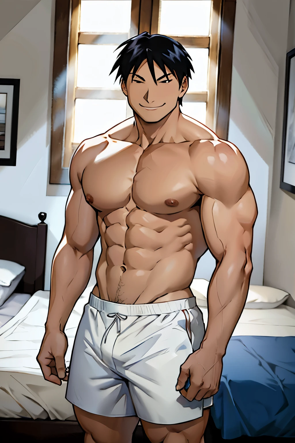 Roy Mustang from Full Metal Alchemist, wearing white short underwear, smug smile, winking, bodybuilder, defined body, posing, shirtless, abs, big legs, bedroom