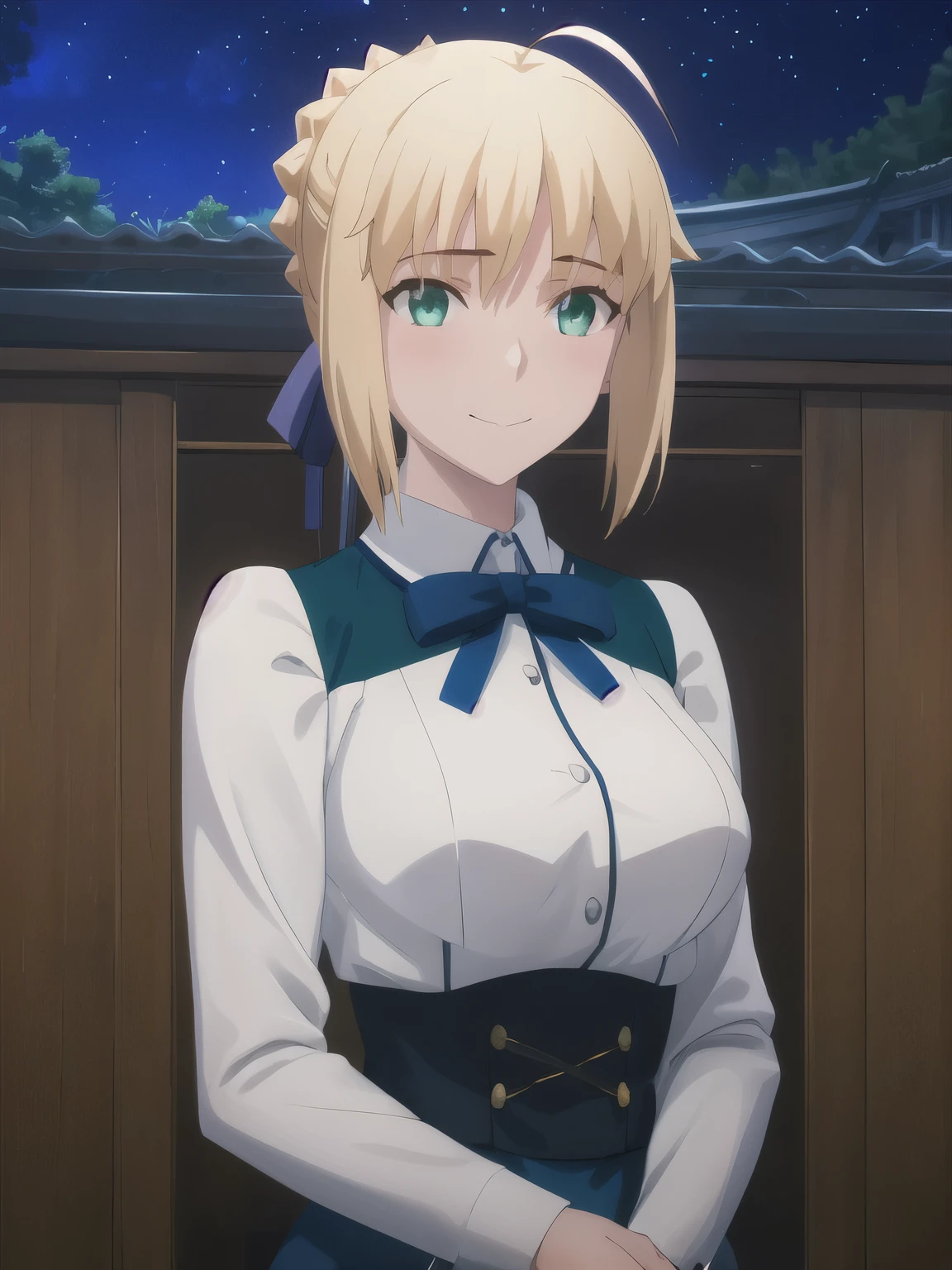 best quality, masterpiece, highres, ray_tracing_graphic, solo, adult_female, {saber_fatestaynightufotable:1.15}, blonde_hair, little_ahoge, green_eyes, blue_ribbon, 1girl, anime_coloring, upper_body, happy, little_smile, five_fingers, blush, large_breasts, blue_school_jacket, from_the_front, himeji_castle, sakura_festival, night_time, taken_with_fuji_camera, hdr