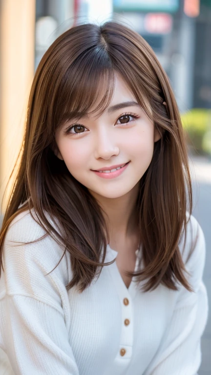 Brown Hair,Medium Hair,20-year-old female, Small nose, With the correct face, Cute natural smile, Japanese facial features, A clean and cute face, Cute realistic portrait, Asian Face, 8K Photo, Soft Makeup,Natural skin texture,Raw photo,highest quality,Full Body Shot,Reading a book