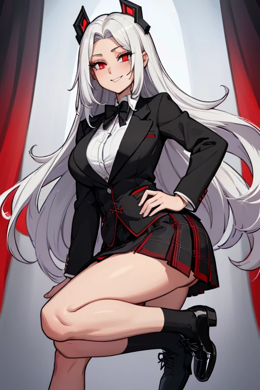 female, silver long hair with black highlights, red eyes, (((1girl))), (((red high school blazer with black trim))), (white shirt), (black tie), (black plaid skirt), (white thigh high socks), (black dress shoes), cute and sexy, full body, large breasts, large butt, long legs, smiling