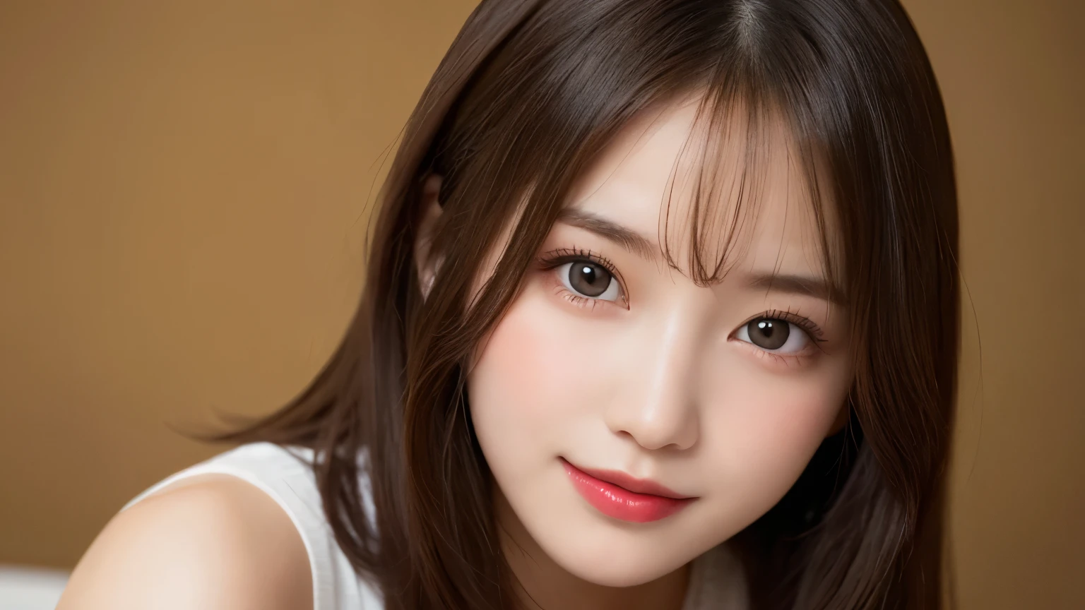 on the table, best quality, shape, Ultra Detailed, Finely, high resolution, 8k wallpaper, 完璧なダイナミックな構shape, Beautiful and delicate eyes, Medium Length Hair, Small Breasts, Natural lipstick, Casual sexy pose,Smile,20 year old girl、midnight、Beautiful and detailed face、Perfect beautiful face,big eyes、original photo、Use the whole body to express the feminine posture、Beautiful and delicate eyes、Small face、Beautiful duplex、Facelift and style,skirt、Beautiful golden ratio face,Long hair