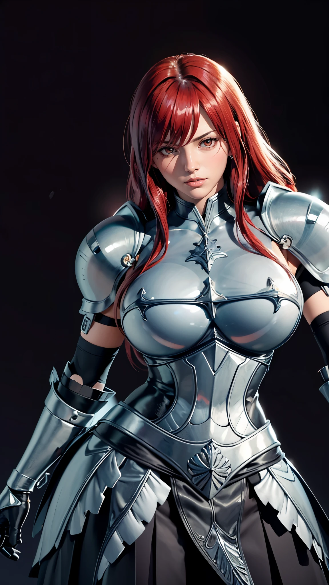 (((完美figure,figure,solo, (((armor, shoulder armor, gauntlets, breastplate, armored dress, belt, pleated skirt, blue skirt, ))),(((fairy tail, long hair, red hair, brown eyes, hair over one eye))),((masterpiece)),high resolution, ((Best quality at best)),masterpiece,quality,Best quality,((( Exquisite facial features,Looking at the audience,There is light in the eyes,(((lol,confidence))),))),型figure:1.7))),(((Light and shadow,Huge breasts))),(((Looking at the camera,black background,)))