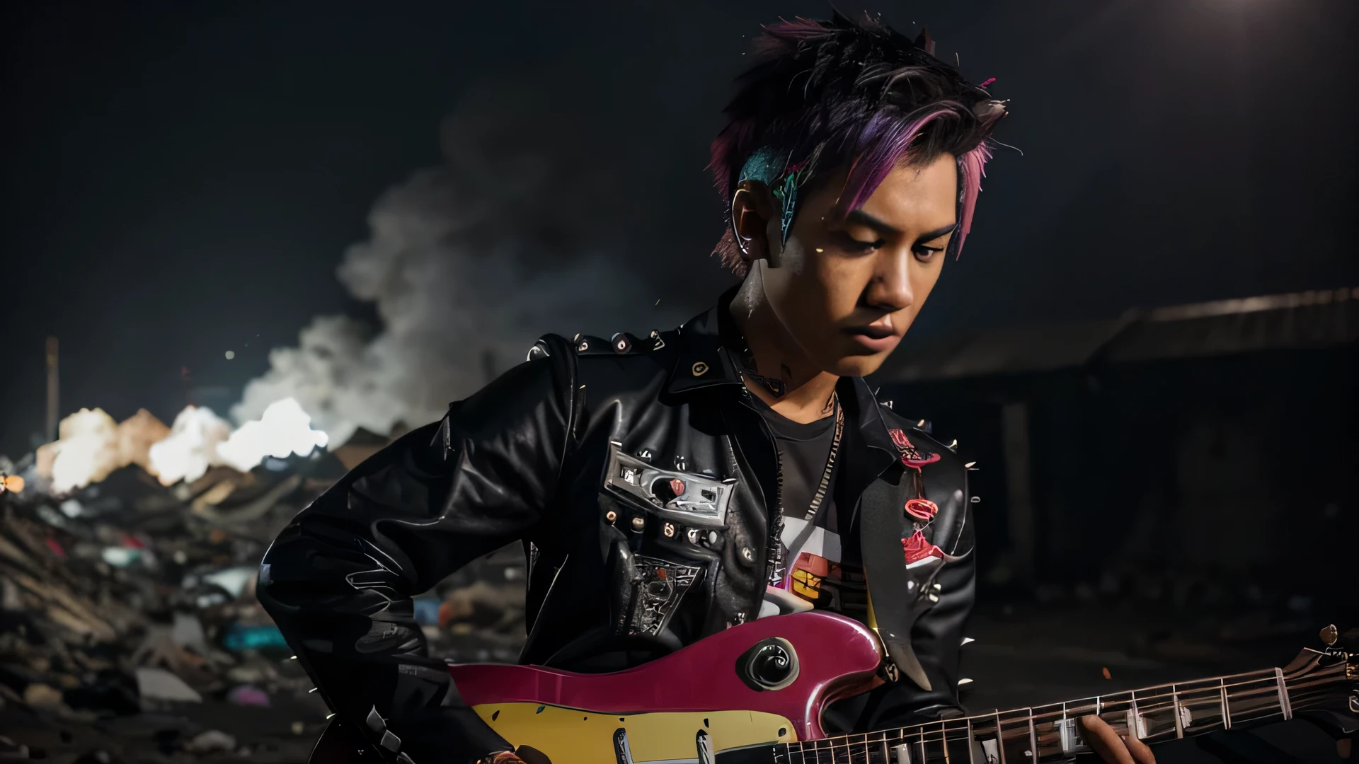 Hideto Matsumoto, a man with a pink and black faux hawk sitting on a chair holding a cigarette in his mouth, Bill Sienkiewicz, grunge, neo-expressionism, punk theme, black jacket, zipper, plaid pants, white shirt, masterpiece, official art, <lora:hide_SDXL:0.6>