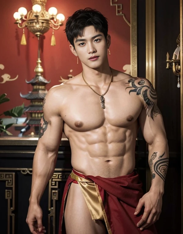  2 handsome boy tibetan , naked, smiling, catching eyes , Chinese Men God, Mythology, realistic, Chinese odyssy, super Handsome,manly,  kpop idol, handsome korean actor, 20 years old,, detailed face, manly jawline, manly chin, detailed mess curly styling hair,  Topless, Muscles, big chest Athlete body, Full Frame,full body shoots, Sexy, realistic, human skin, tattoo breast, Professional studio Lighting, long red tibetan Outfit, jade and golden pendent all over , detailed jewery in dress, earings,Chinese ancient tibetan temple Background,out door, super detailed background,look at camera ,  open mouth, super tiny loincloth Underwear cover super big dick Underneath, tibetan Warrior, Hanfu  red wedding dress,  tibetan Male, tibet Nobel, Seduce , bare chest , tattoo chest, tattoo arms, tattoo hands, tattoo back, tattoo legs , detailed  buddism tattoos, big juicy butts, bare butts