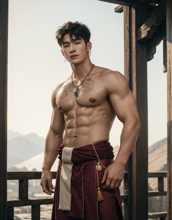 2 handsome boy tibetan , naked, smiling, catching eyes , Chinese Men God, Mythology, realistic, Chinese odyssy, super Handsome,manly, kpop idol, handsome korean actor, 20 years old,, detailed face, manly jawline, manly chin, detailed mess curly styling hair, Topless, Muscles, big chest Athlete body, Full Frame,full body shoots, Sexy, realistic, human skin, tattoo breast, Professional studio Lighting, long red tibetan Outfit, jade and golden pendent all over , detailed jewery in dress, earings,Chinese ancient tibetan temple Background,out door, super detailed background,look at camera , open mouth, super tiny loincloth Underwear cover super big dick Underneath, tibetan Warrior, Hanfu red wedding dress, tibetan Male, tibet Nobel, Seduce , bare chest , tattoo chest, tattoo arms, tattoo hands, tattoo back, tattoo legs , detailed buddism tattoos, big juicy butts, bare butts