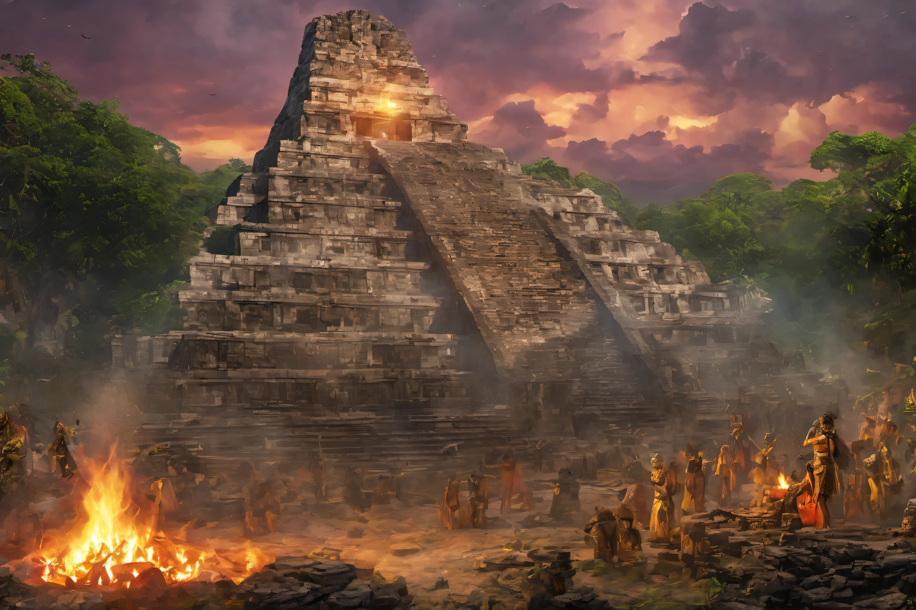 (masterpiece, best quality:1.2) Maya civilization ritual to celebrate the end of the world: Immerse yourself in a scene of unparalleled photorealism and detail as you witness a Mayan ritual to commemorate the end of an era. Picture a sprawling Mayan cityscape, meticulously recreated with the highest resolution and fidelity, as the sun sets in a fiery blaze on the horizon. God rays pierce through the ominous clouds, casting ethereal beams of light that illuminate the ancient architecture and the gathered crowd below. As the scene unfolds, backlighting highlights the silhouette of the towering pyramid at the center of the plaza, creating a dramatic contrast between light and shadow. Bloom effect enhances the intensity of the torch flames, lending an otherworldly glow to the ritual proceedings. Chiaroscuro techniques deepen the shadows and accentuate the contours of the priests' ceremonial attire, adding to the sense of drama and mystique. In the distance, the cityscape fades into a soft depth of field, drawing the viewer's focus to the central pyramid and the rituals taking place atop it. Ray tracing technology further enhances the realism of the scene, allowing for accurate light interactions and reflections that bring every surface to life with unparalleled detail. As the Mayan ritual reaches its climax, the immersive combination of god rays, backlighting, bloom, chiaroscuro, depth of field, and ray tracing transports you to a moment of profound significance in ancient Maya civilization, where the boundaries between reality and legend blur in a mesmerizing display of visual storytelling, cinematic lighting, multiple views, Wide-Angle, Ultra-Wide Angle, UHD, retina, masterpiece, super detail, award winning, best quality, 8K