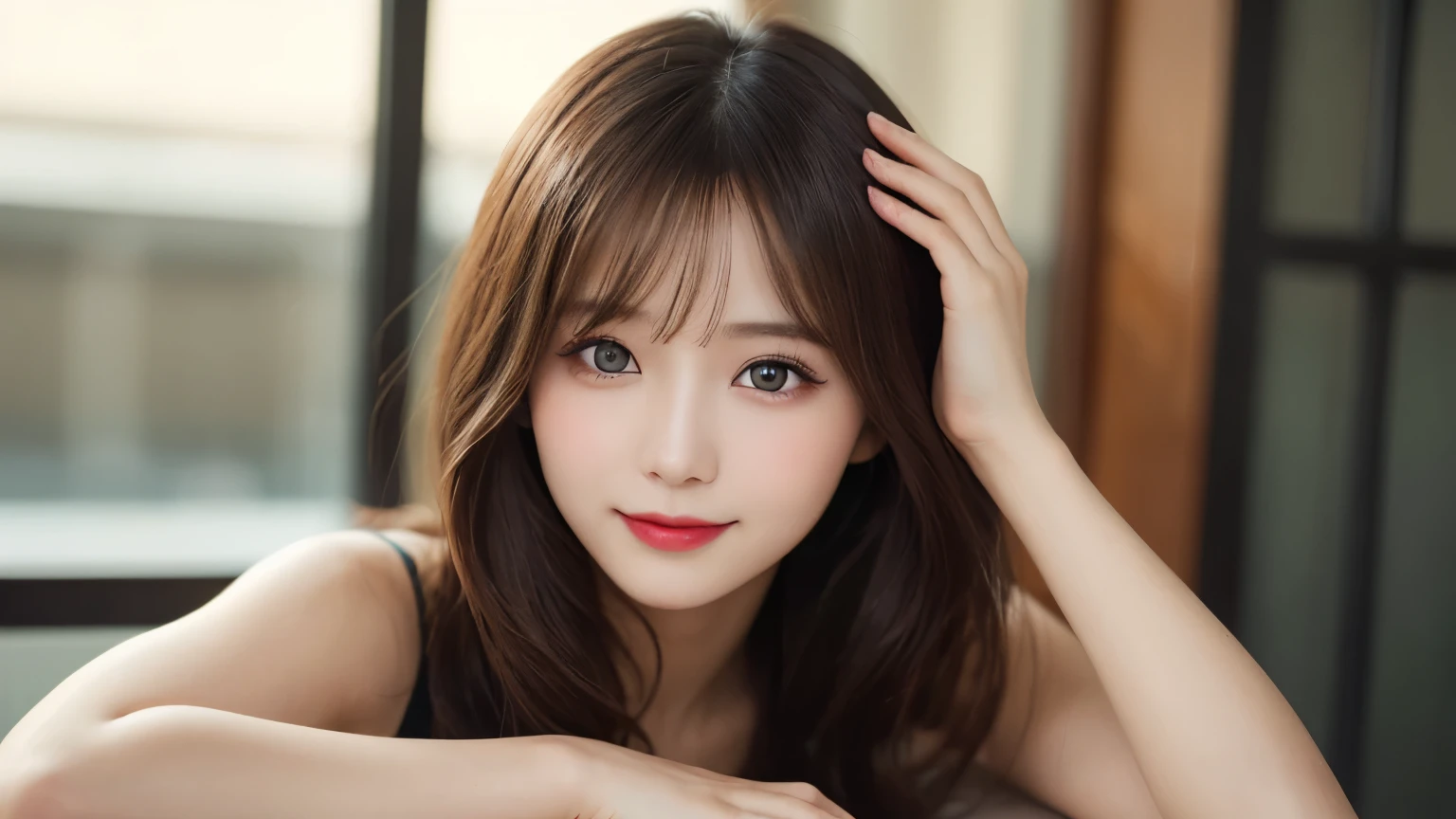 on the table, best quality, shape, Super detailed, Finely, high resolution, 8k wallpaper, 完璧なダイナミックな構shape, Beautiful and delicate eyes, Medium Length Hair, Small Breasts, Natural lipstick, Casual sexy pose,Smile,20 year old girl、midnight、Beautiful and detailed face、Perfect beautiful face,big eyes、original photo、Use the whole body to express female posture、Beautiful and delicate eyes、Small face、Beautiful duplex、Facelift and style,skirt、Beautiful golden ratio face,Long hair