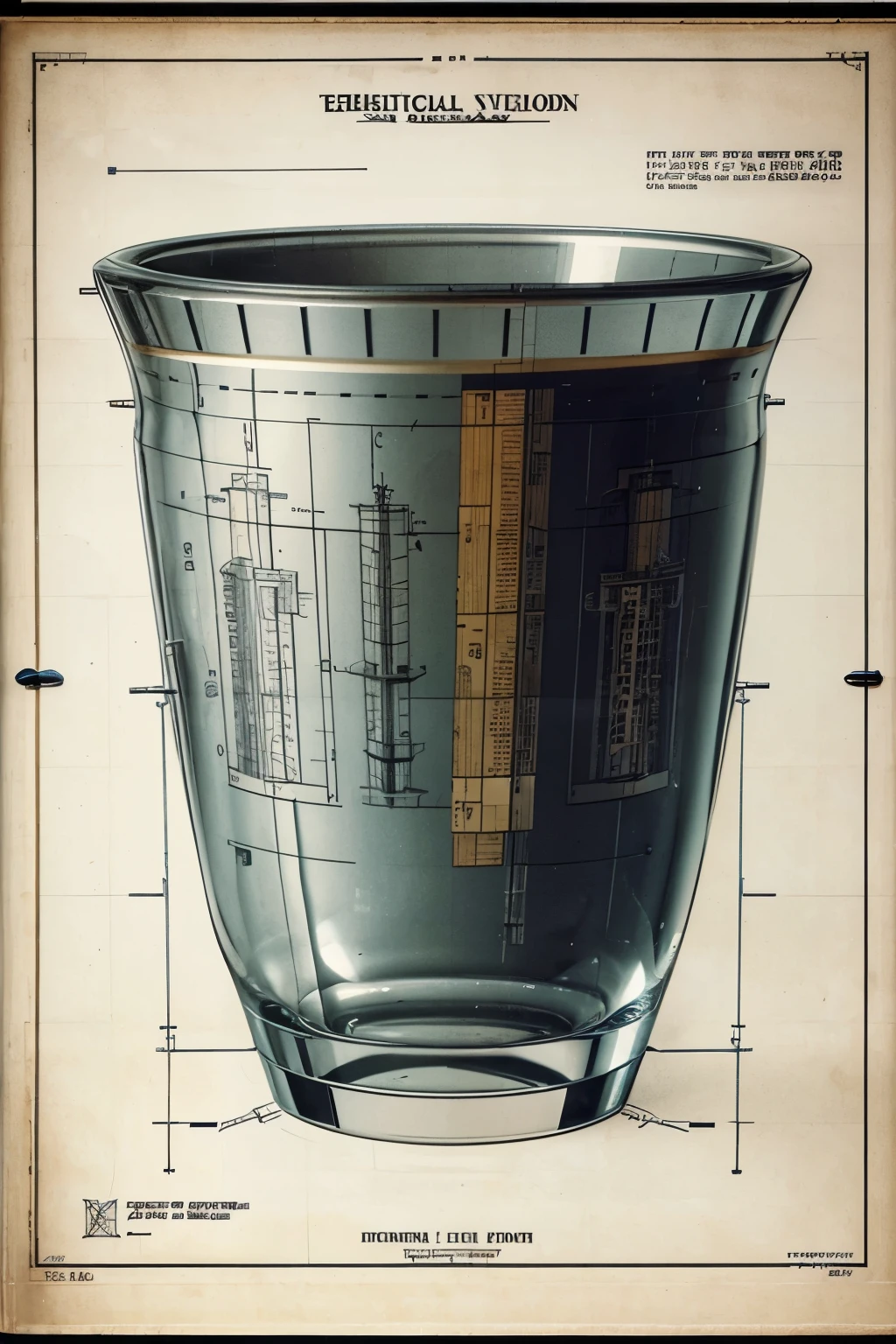 Highly detailed technical drawing of a glass full of The illustrations should include a side view, cross-sections, and exploded views to show both the exterior and interior components. Labeled parts with annotations specifying materials, dimensions, and other ebgineering specifications. Style vintage engineering blueprint, and educational intent