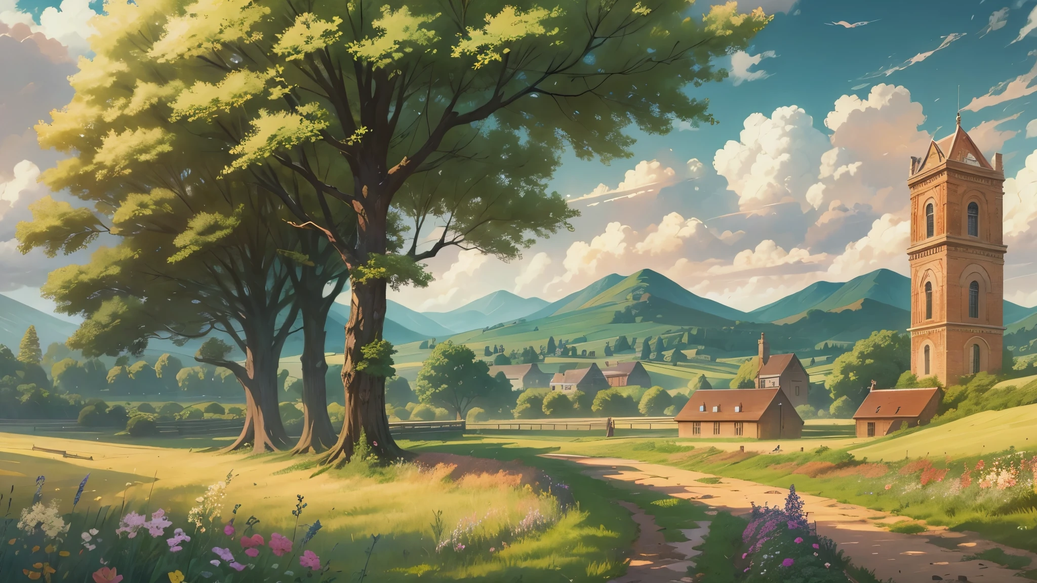 Anime Style,highest quality, masterpiece,Field, Rural Scenery, Fantasy, Brick,Great background, Classic