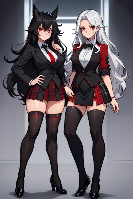 female, silver long hair with black highlights, red eyes, (((1girl))), (((red high school blazer with black trim))), (white shirt), (black tie), (black plaid skirt), (white thigh high socks), (black dress shoes), cute and sexy, full body, large breasts, large butt, long legs, smiling