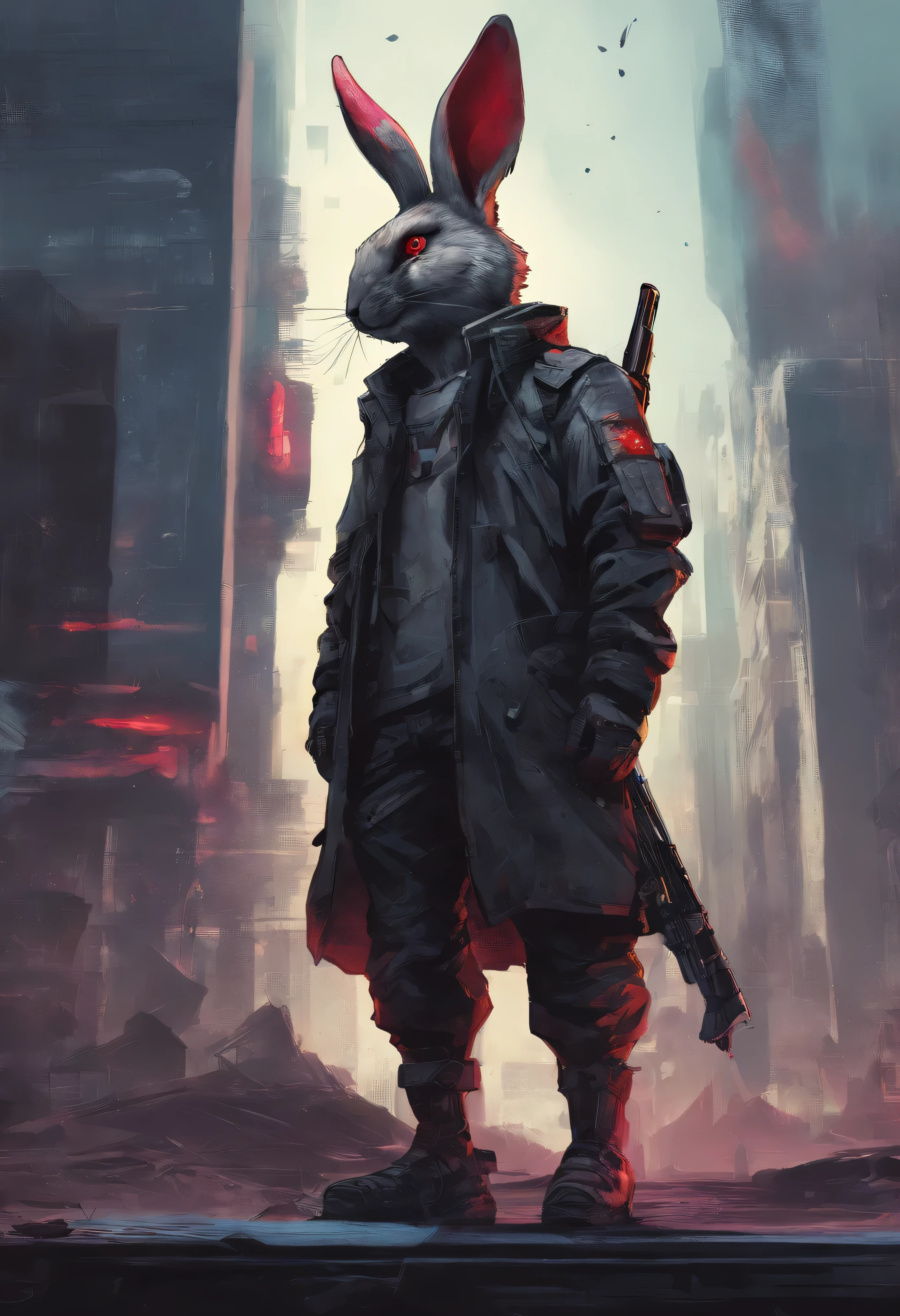 Cyberpunk. Cartoon rabbit. Short stature. Standing. Wearing armor. Back to camera. standing on top of the building. Hand-held boomerang. Side view of the camera. Red Eyes. There is blood at the corner of the mouth. Bare teeth.