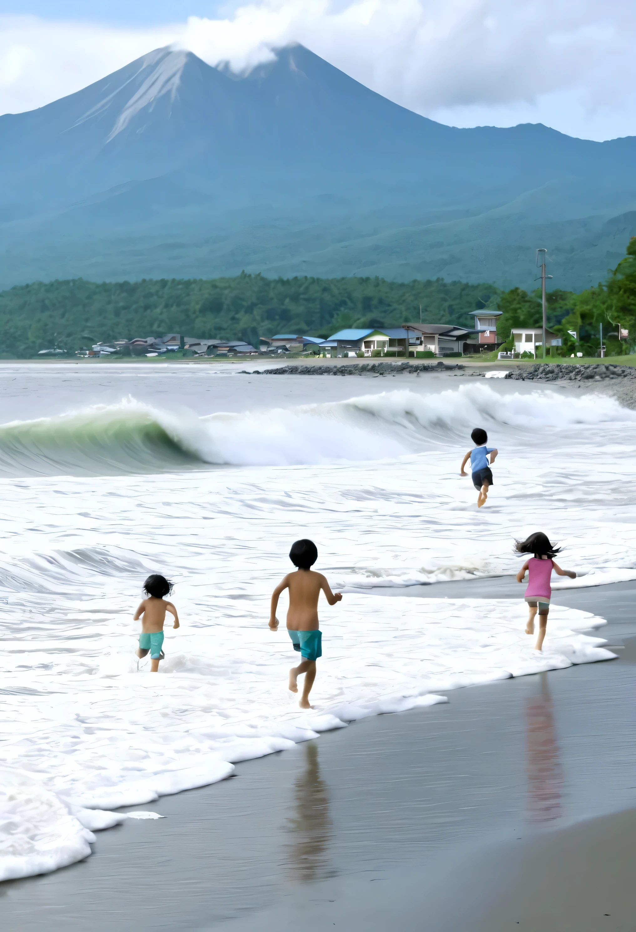 ultra HD, clear, high quality photo that tells of a father, mother and three children running to the mountains to save themselves from the huge tsunami waves that were chasing them
