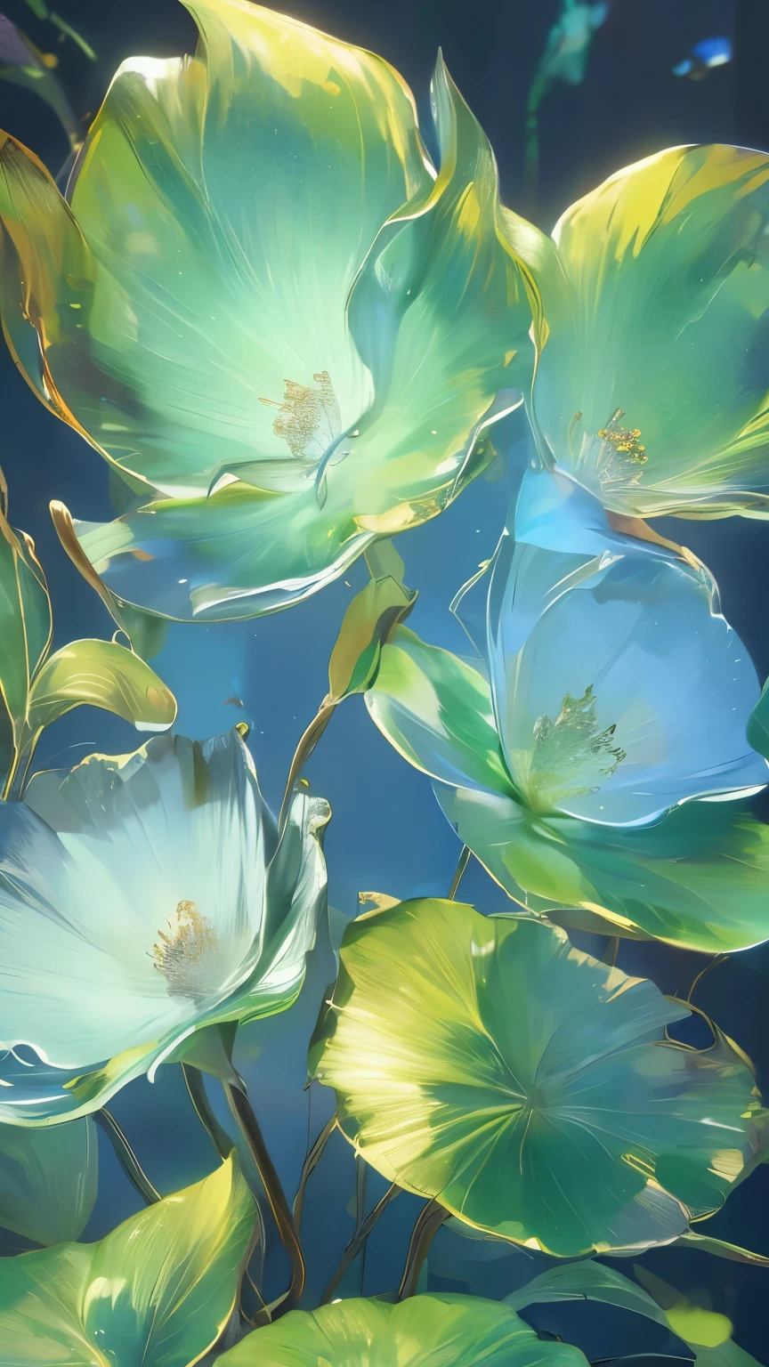 ((1 leaf)),Golden,green,vein,Glass texture、Light,Light谱Light, Gradient translucent glass melt, Caustic lines, clean
