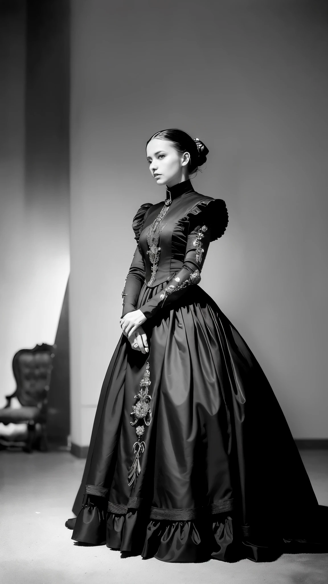 (Masterpiece, best quality), in a Victorian science fiction-inspired scene, there stands a woman and a robot side by side. The woman, dressed in an intricately designed plaid attire, dons ornate armor reminiscent of Hugh Kretschmer's creations. Nearby, the robot, with its gears and metallic exterior, gleams under the dimly lit set.
This captivating scene is brought to life through the art of cinematography, showcased in cinematic widescreen footage from 2009. The black and white color photography adds a sense of timelessness and mystique, as does the fine art of fashion photography.