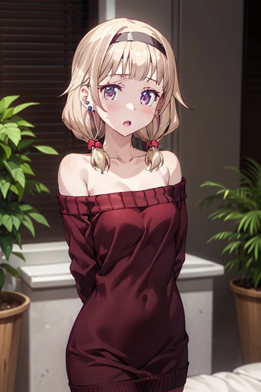 masterpiece, yor, 1girl, solo, looking at viewer, open mouth, black hair, red eyes, dress, bare shoulders, jewelry, collarbone, sidelocks, hairband, earrings, indoors, off shoulder, :o, sweater, arms behind back, plant, short hair with long locks, white hairband, off-shoulder dress, sweater dress, off-shoulder sweater, red sweater, big side hair, very long side hair,is rendered in (masterpiece: 1.2, best quality), with (ultra high resolution) and an exquisite (depth of field). This masterpiece is not only visually stunning but also tells