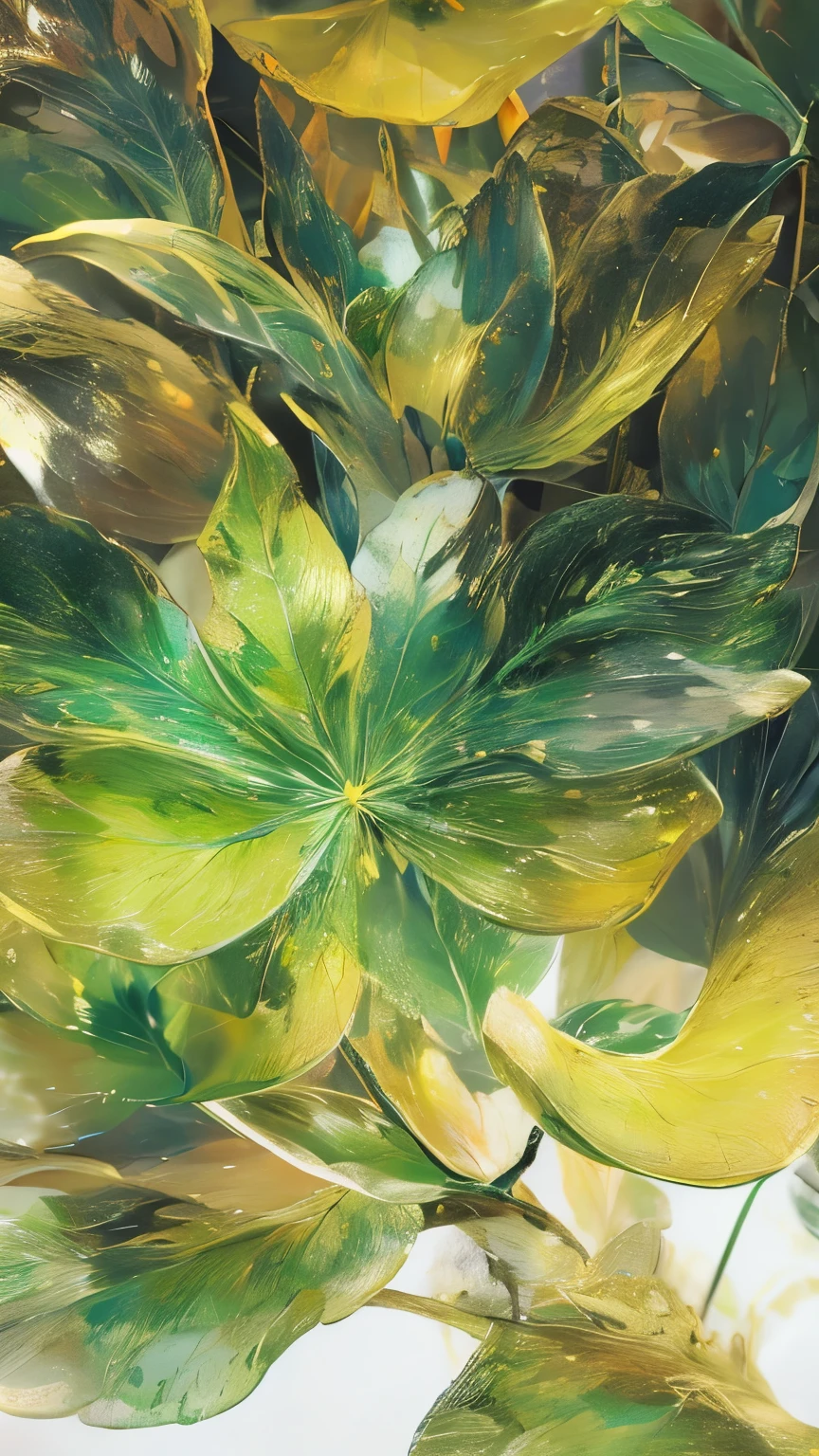 ((1 leaf)),Golden,green,vein,Glass texture、Light,Light谱Light, Gradient translucent glass melt, Caustic lines, clean