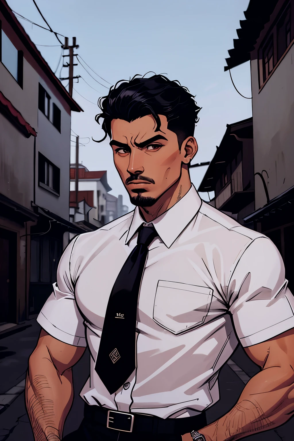 chico flaco, pelo negro mediano y ondulado, Vistiendo una camisa blanca, corbata roja, asustado, gritar, Gotham City Alley Background, Noche