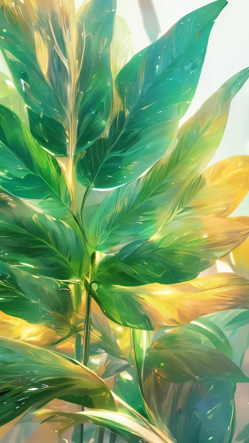 ((1 leaf)),Golden,green,vein,Glass texture、Light,Light谱Light, Gradient translucent glass melt, Caustic lines, clean