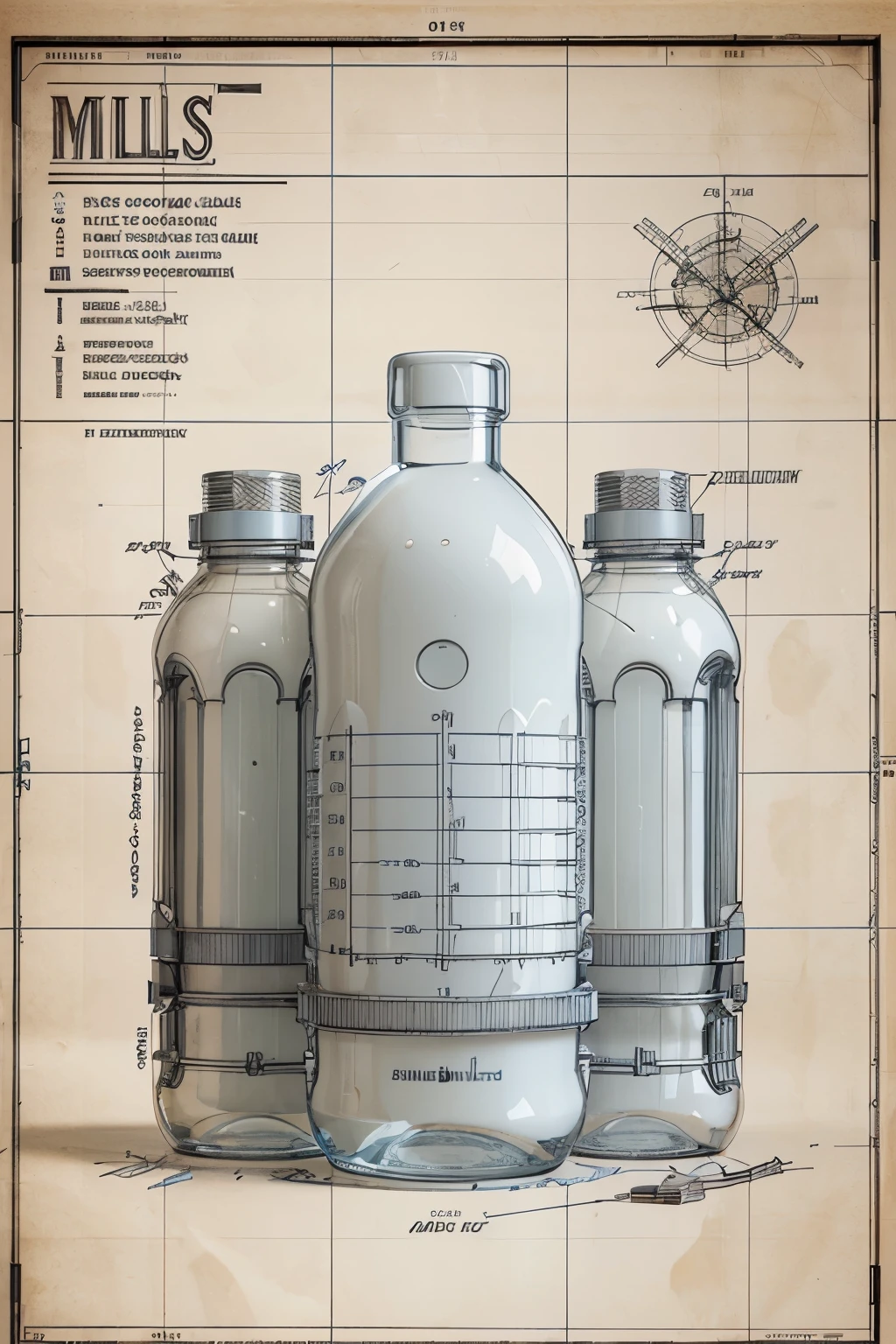 Highly detailed technical drawing of a full bottle of milk The illustrations should include a side view, cross-sections, and exploded views to show both the exterior and interior components. Labeled parts with annotations specifying materials, dimensions, and other ebgineering specifications. Style vintage engineering blueprint, and educational intent