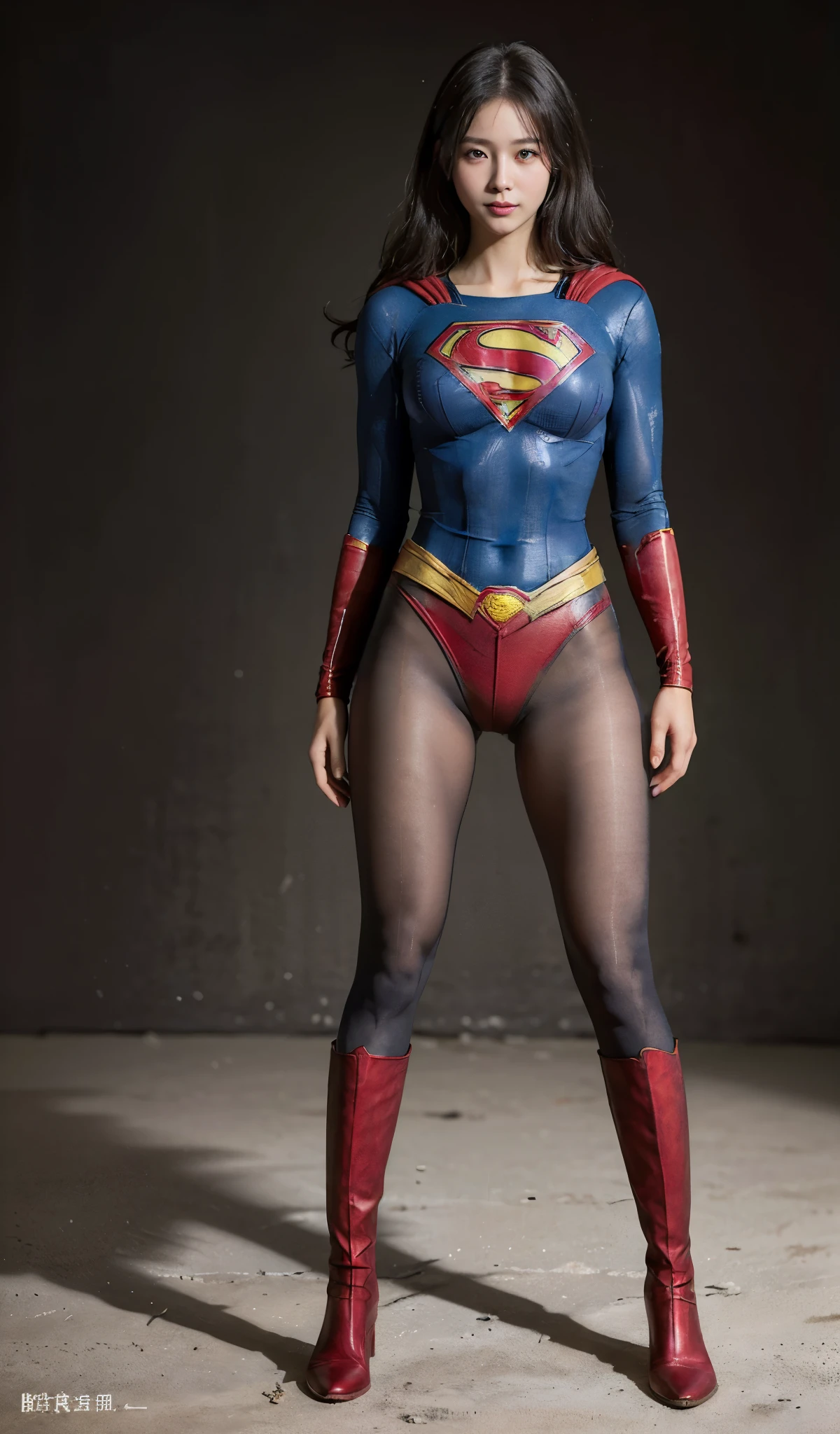 No background、(((Beautiful legs in black tights.)))、(((Legally express the beauty of your smile)))、((((Make the most of your original images)))、(((Supergirl Costume)))、(((Beautiful boyish hairstyle)))、(((suffering)))、(((Please wear black tights....、Wear red boots)))、((Best image quality、8k))、((highest quality、8k、masterpiece:1.3))、(((Preserve background )))、Sharp focus:1.2、Beautiful woman with perfect figure:1.4、Slim Abs:1.2、Wet body:1.5、Highly detailed face and skin texture、8k