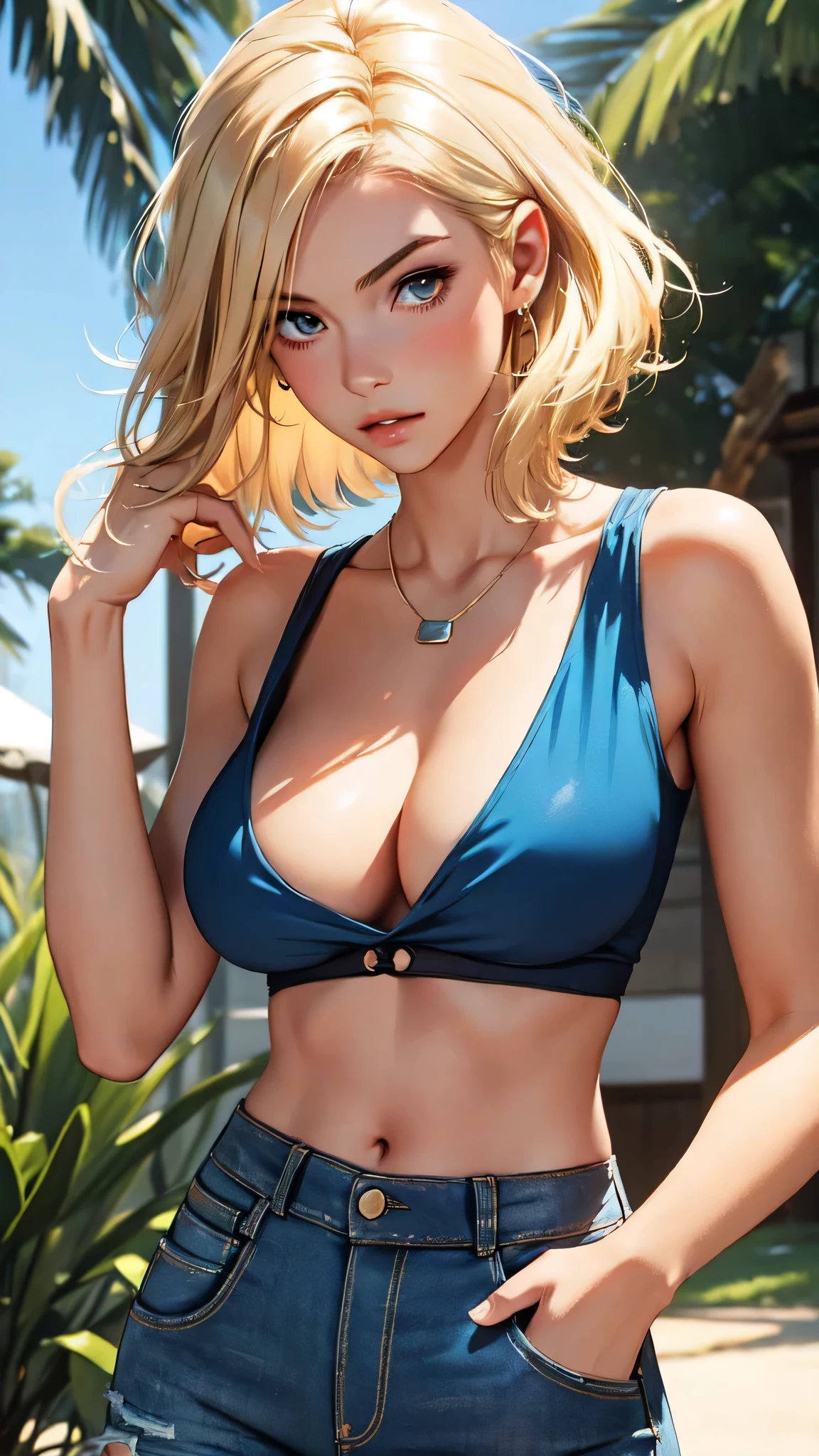 （lifelike， high - resolution：1.3）， 1 girl with a perfect body，slender body, Super fine face and eyes，boho bob hair，blonde hair,  Tank top of random colors：1.2， short jeans，Expose cleavage