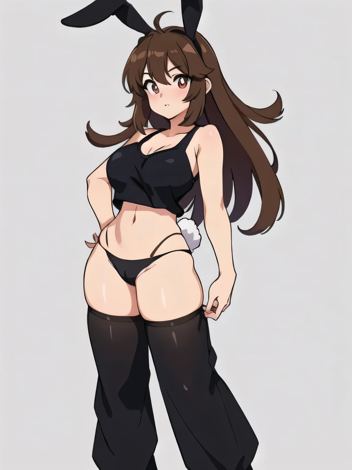 anime girl mit Hasenohren and a white top, Lola-Bunny-Fanart, OC-Kommission, Bunny Girl, casual pose, dick, mit Hasenohren, Im Anime-Stil, Order for high resolution, Charakter im Anime-Stil, ein Tanktop tragen, mit langen Schlappohren, fullbody commission for, Im Anime-Stil, sweet character, with large rabbit ears, bra visible, (((black panties))), borwn pupils, brown hair, tanned skin