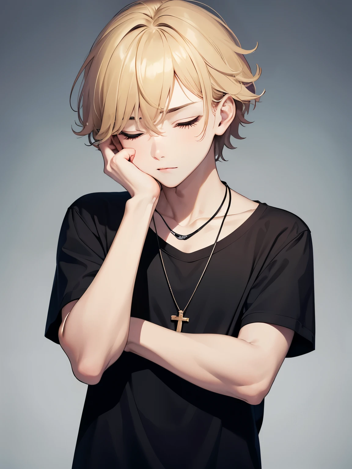 1boy,handsome,15 years old,Standing, eyes closed, hands holding chin,half body photo,Perfect face, HD face, ultra detailed face, short hair, blonde hair, messy hair, vampire, black t-shirt,black t-shirt,plain t-shirt,short sleeve t-shirt, black trousers, cross necklace,ultra detailed, ultra HD