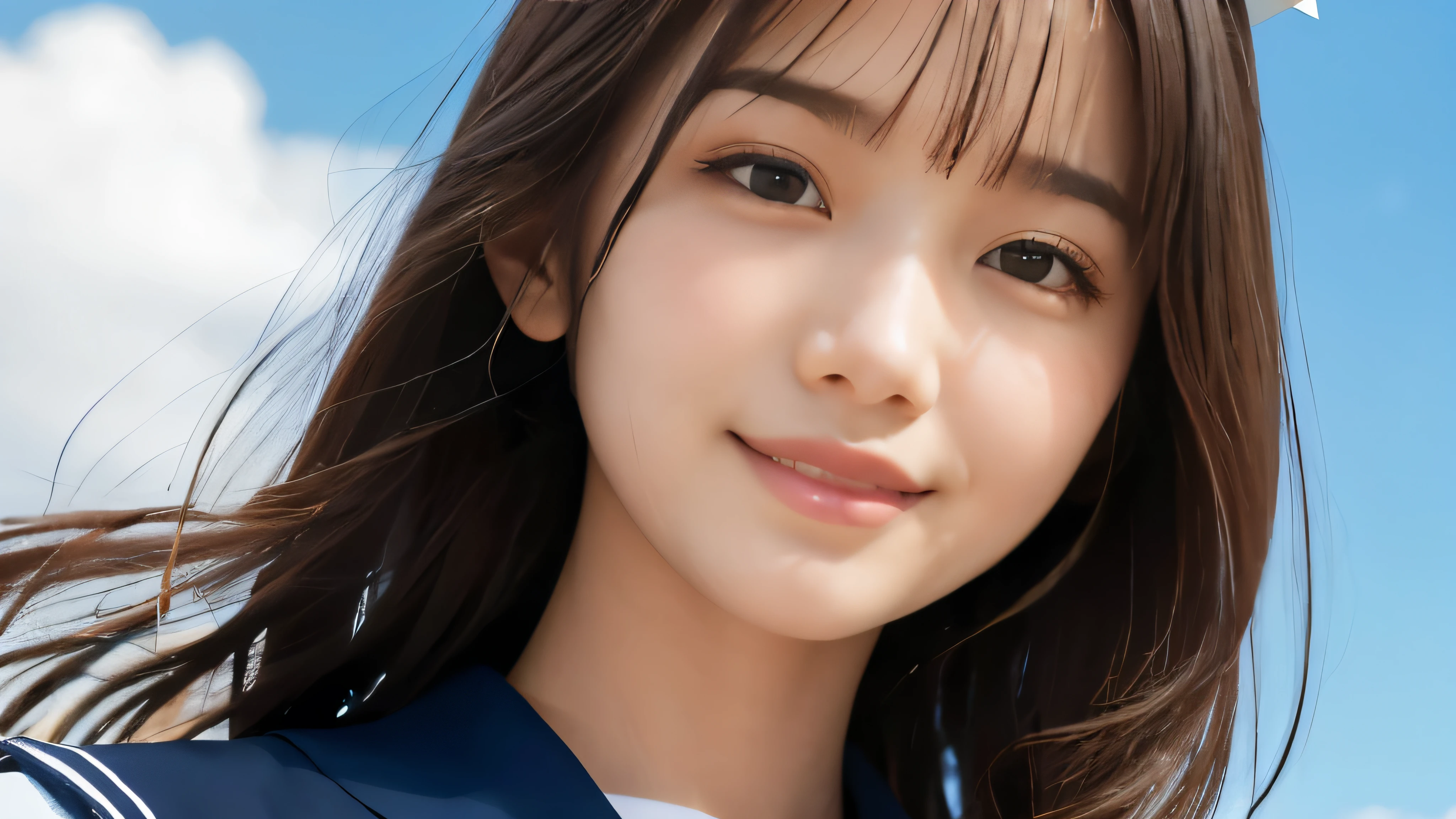 (Realistic: 1.4), (highest quality: 1.4), (Fine grain), Full body shot, ((Under the blue sky)), ((Looking Up)), ((One high school girl)), Black wavy hair, ((Sailor suit)), Wide eyes, Blushed face, ((smile)), Highly detailed face and skin texture, Healthy Skin, 8k resolution