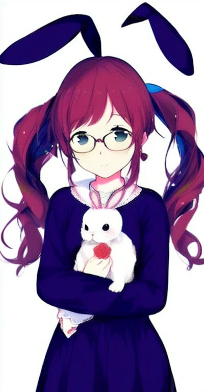 by a yogi, flower, 1 girl, dress, White background, glasses, Whole body, ponytail, a gift, Simple background, Rose, One, bang, frill, Rabbit, crown, holding, I look at the viewer, holding animal, long sleeves, blue dress, blue flower, earrings