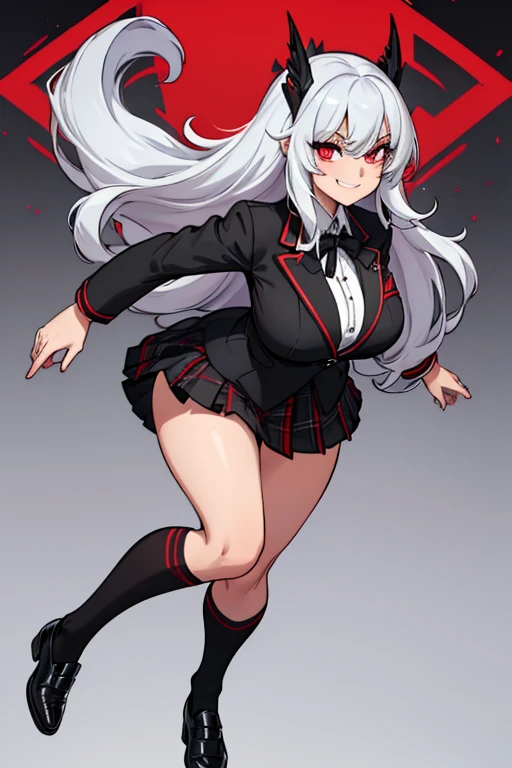 female, silver long hair with black highlights, red eyes, (((1girl))), (((red high school blazer with black trim))), (white shirt), (black tie), (black plaid skirt), (white thigh high socks), (black dress shoes), cute and sexy, full body, large breasts, large butt, long legs, smiling