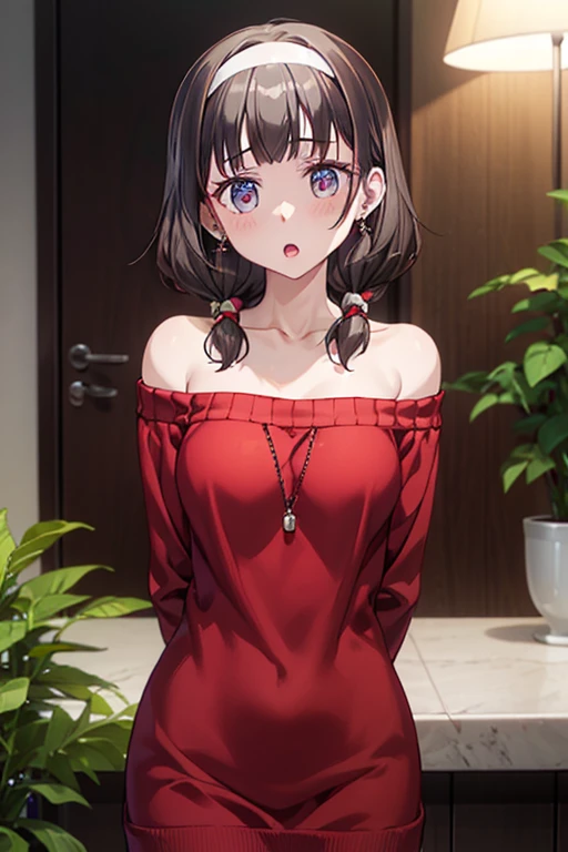 masterpiece, yor, 1girl, solo, looking at viewer, open mouth, black hair, red eyes, dress, bare shoulders, jewelry, collarbone, sidelocks, hairband, earrings, indoors, off shoulder, :o, sweater, arms behind back, plant, short hair with long locks, white hairband, off-shoulder dress, sweater dress, off-shoulder sweater, red sweater, big side hair, very long side hair,is rendered in (masterpiece: 1.2, best quality), with (ultra high resolution) and an exquisite (depth of field). This masterpiece is not only visually stunning but also tells