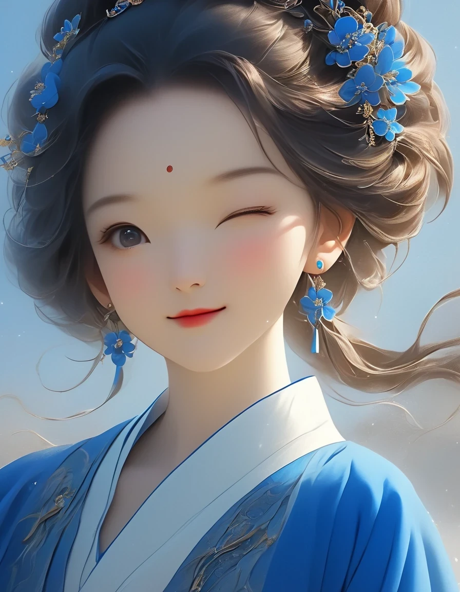 digital art of A close-up of a smiling woman wearing red and klein blue dress with her eyes closed, background: blue, exquisite digital illustration, palace, girl in hanfu, hot on cgstation, beautiful rendering of tang dynasty, beautiful digital illustration, beautiful digital art, inspired by lanying, inspired by puhua, beautiful fantasy queen, amazing digital illustration, elegant digital art, a beautiful artistic illustration,a beautiful painting by Tan Yin,Lyrical Abstraction, Ethereal Fantasy, Laser-Cut,high detail,hyper quality,high resolution,16K,depth of field (dof),Waist Shot(WS),close up,Soft illumination,