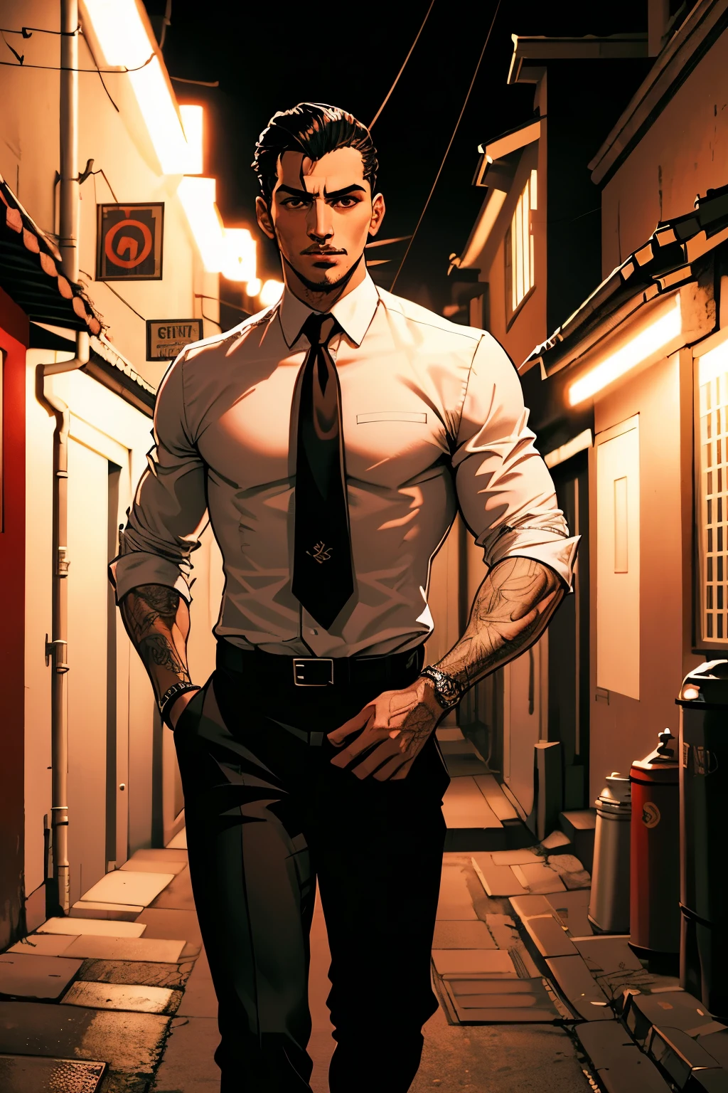 chico flaco, pelo largo negro mediano y quebrado, Vistiendo una camisa blanca, corbata roja, asustado, gritar, Gotham City Alley Background, Noche